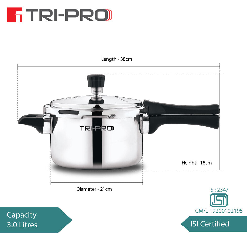 BE Essentials Tri-Ply Stainless Steel 3 L Outer Lid Pressure Cooker - Full Induction Bottom