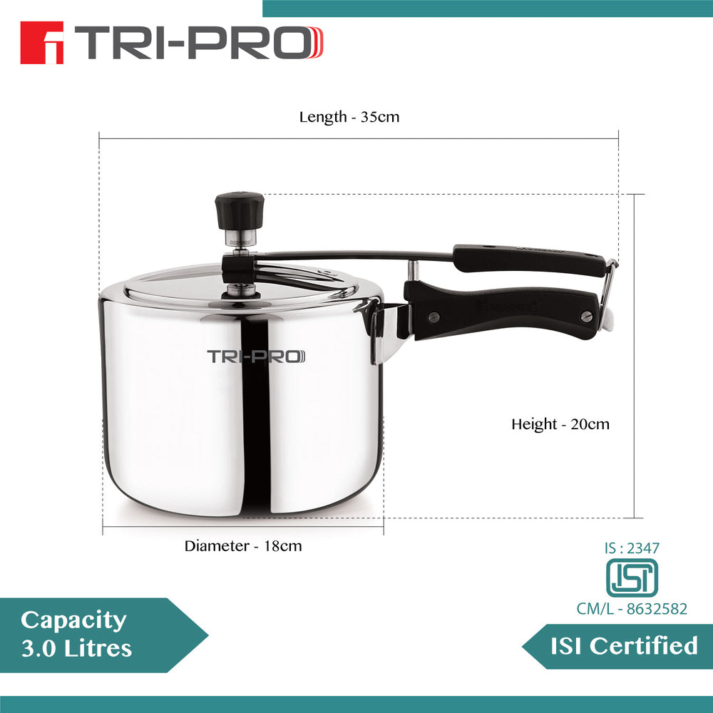 Tri-Pro Tri-Ply Stainless Steel 3 L Inner Lid Pressure Cooker - Full Induction Bottom
