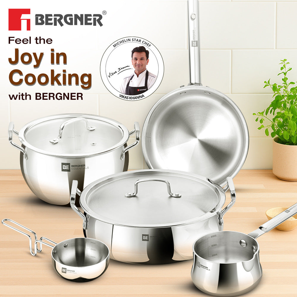 Bergner BE Essentials TriPro Tri-Ply 7 Pcs Cookware Set of Rice Handi 24cm/5.5L, Biryani Handi 28cm/6.4L, Sautepan 22cm/2L, Coffee Warmer 12cm/800ml, Tadkapan 10cm/300ml