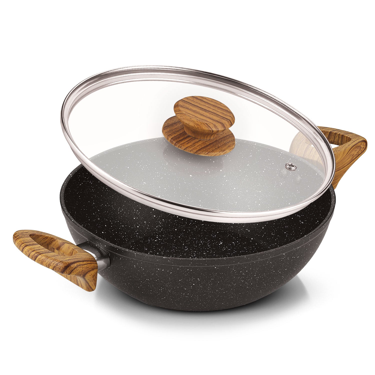 Ivory Black Granite Non-Stick 24cm (2.5L) Kadai with Glass Lid