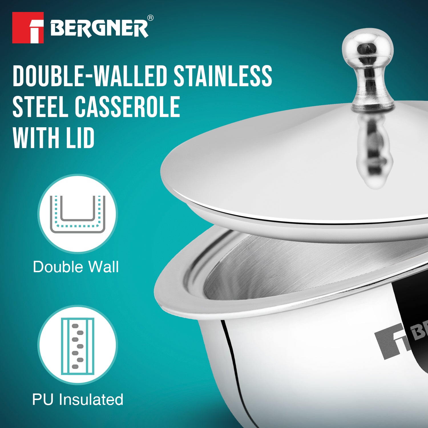 Bergner Vienna Stainless Steel Hot Pot, Double Walled Serving Casserole with PU Insulated Stainless Steel Lid and Cast Steel Knob