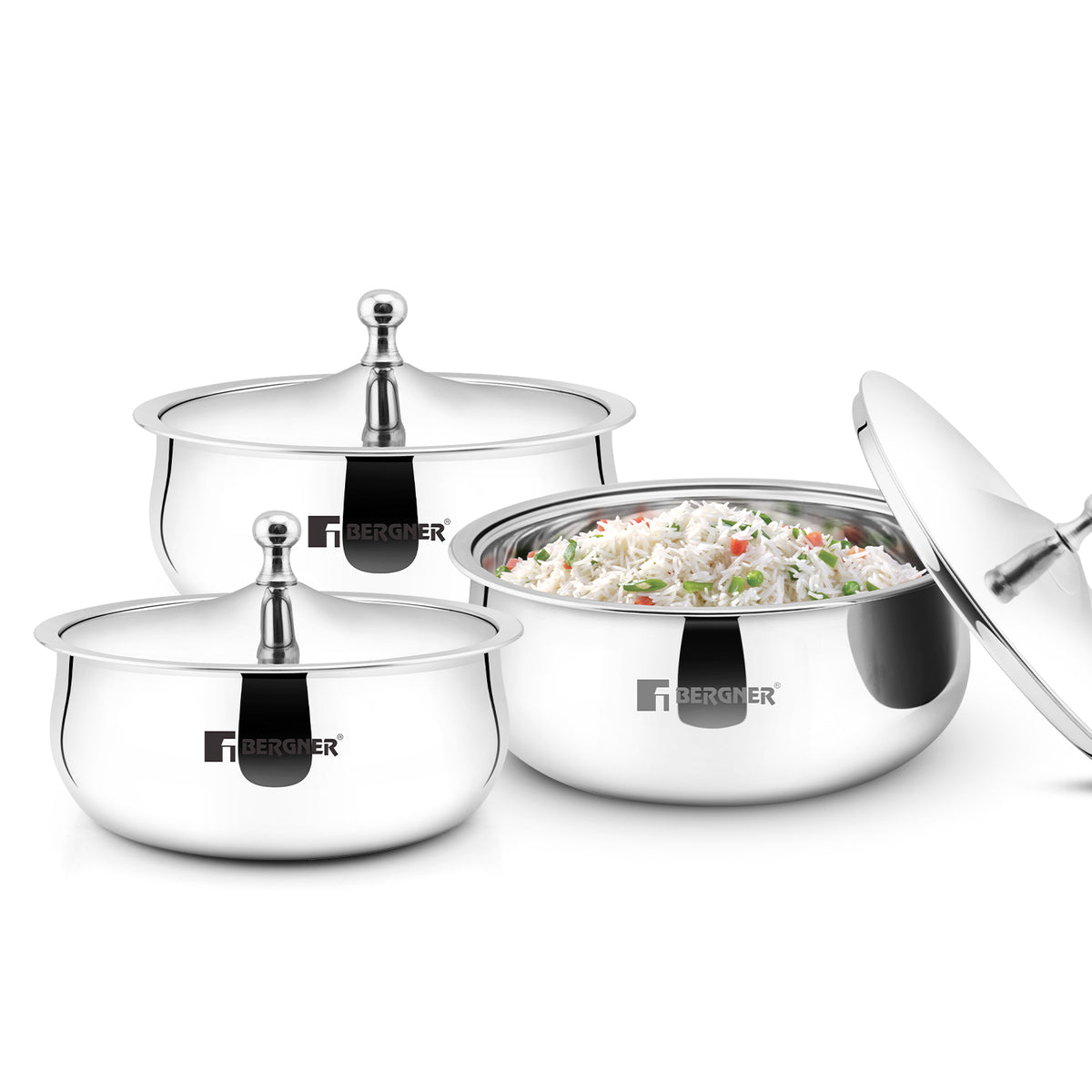 Bergner Vienna Stainless Steel Hot Pot 3 Pcs Junior Set of Double Walled Serving Casserole with PU Insulated Steel Lid