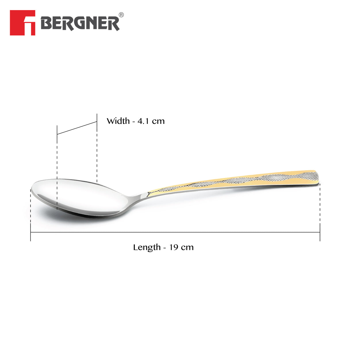 Bergner BE Essentials Tosca Stainless Steel 6 Pcs Dinner Spoon Set, 24k Gold Plating Premium 19cm Long Spoon, 2mm Thickness - Silver / Golden