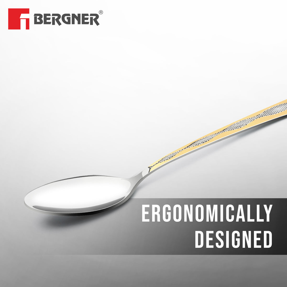 Bergner BE Essentials Tosca Stainless Steel 6 Pcs Dinner Spoon Set, 24k Gold Plating Premium 19cm Long Spoon, 2mm Thickness - Silver / Golden