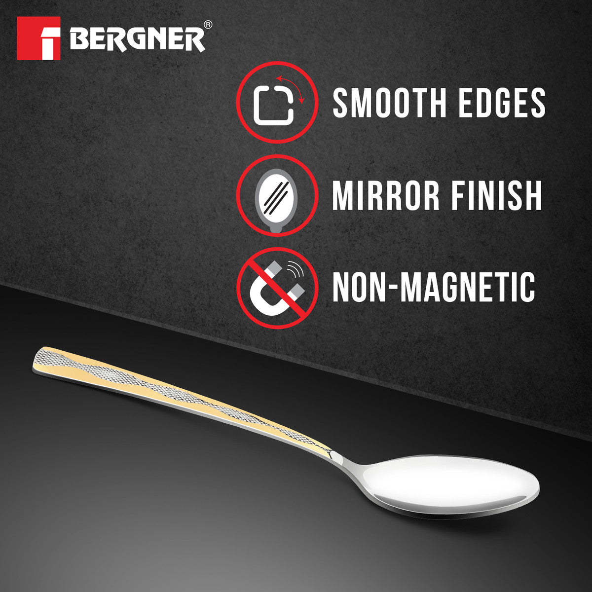 Bergner BE Essentials Tosca Stainless Steel 6 Pcs Dinner Spoon Set, 24k Gold Plating Premium 19cm Long Spoon, 2mm Thickness - Silver / Golden