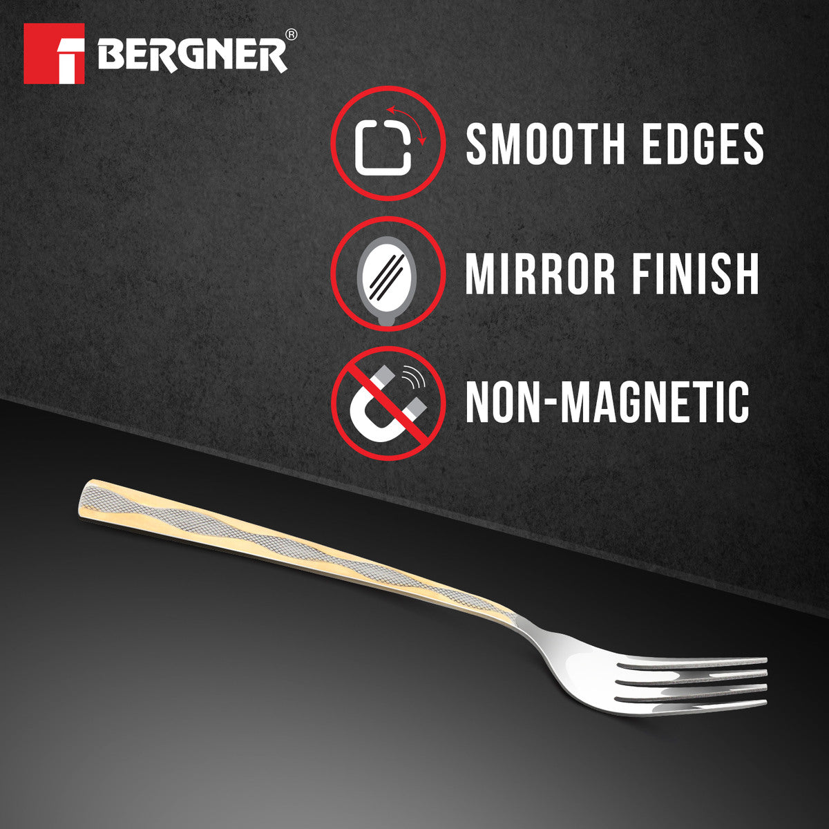 Bergner BE Essentials Tosca Stainless Steel 6 Pcs Dinner Fork Set, 24k Gold Plating Premium 19.5cm Fork, 2mm Thickness - Silver / Golden