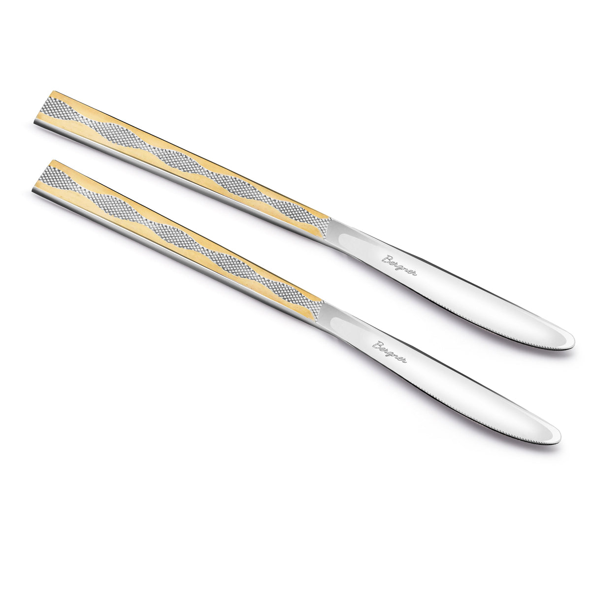 Bergner BE Essentials Tosca Stainless Steel Dinner Knife Set of 2, 24k Gold Plating Premium 21.5cm Long Butter Spreader, 4mm Thickness - Silver / Golden