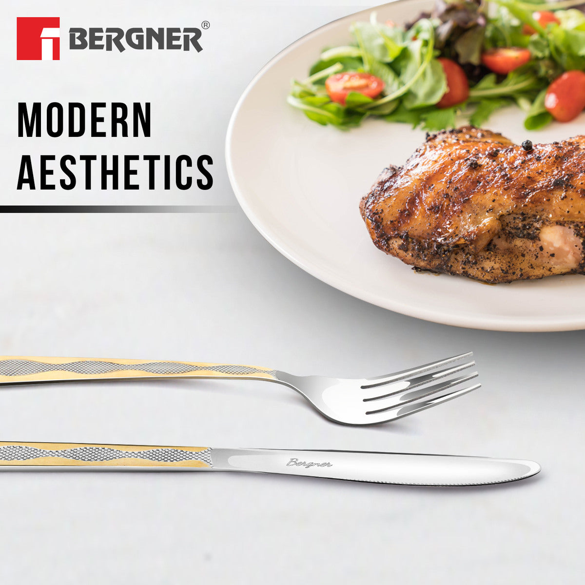 Bergner BE Essentials Tosca Stainless Steel Dinner Knife Set of 2, 24k Gold Plating Premium 21.5cm Long Butter Spreader, 4mm Thickness - Silver / Golden