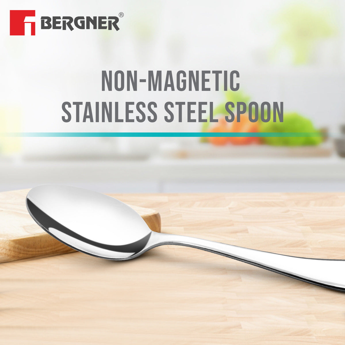 Bergner BE Essentials Baguette Stainless Steel 6 Pcs Dinner Spoon Set, 19cm Long Non-Magnetic Premium Spoons, 1.6mm Thickness - Silver