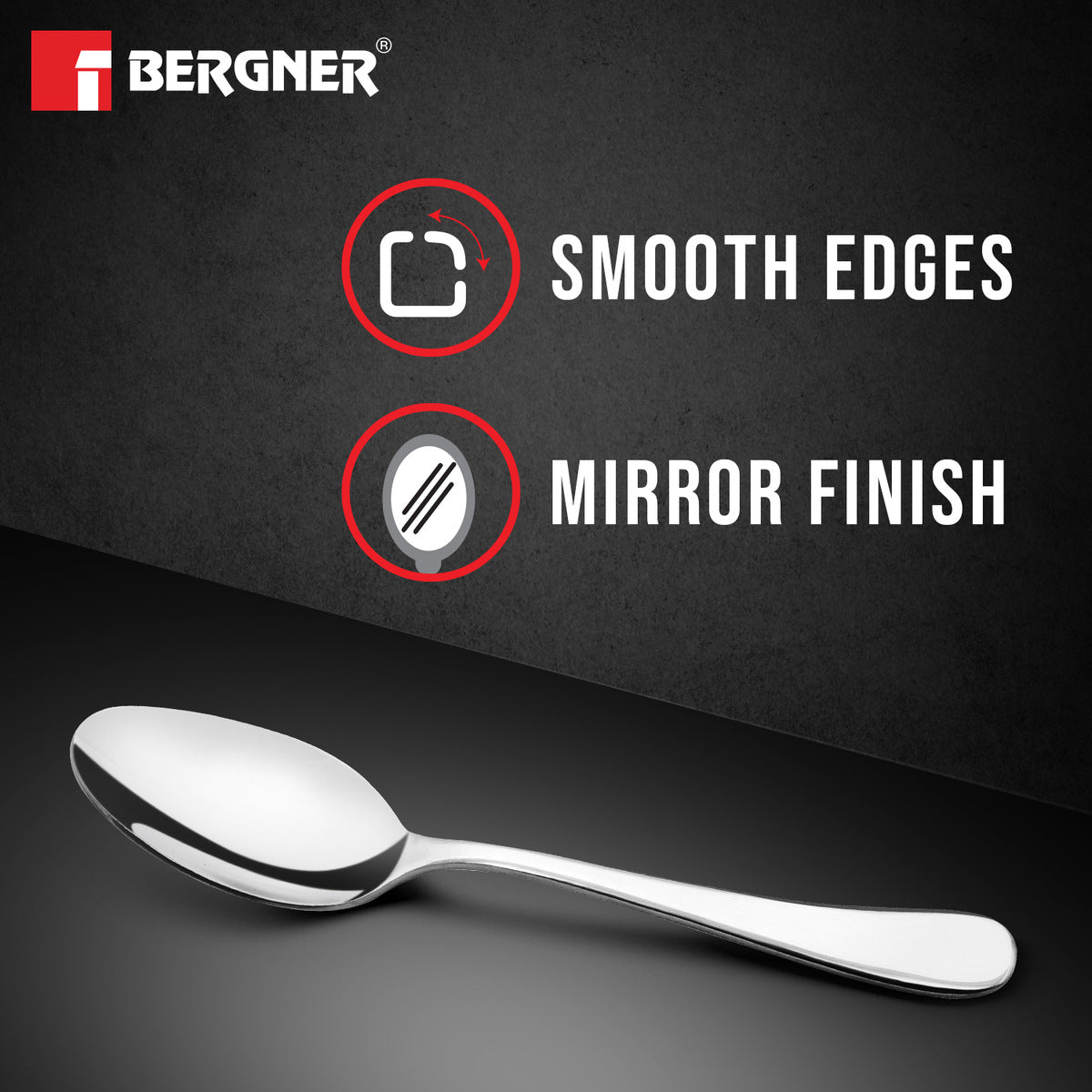 Bergner BE Essentials Baguette Stainless Steel 6 Pcs Dinner Spoon Set, 19cm Long Non-Magnetic Premium Spoons, 1.6mm Thickness - Silver