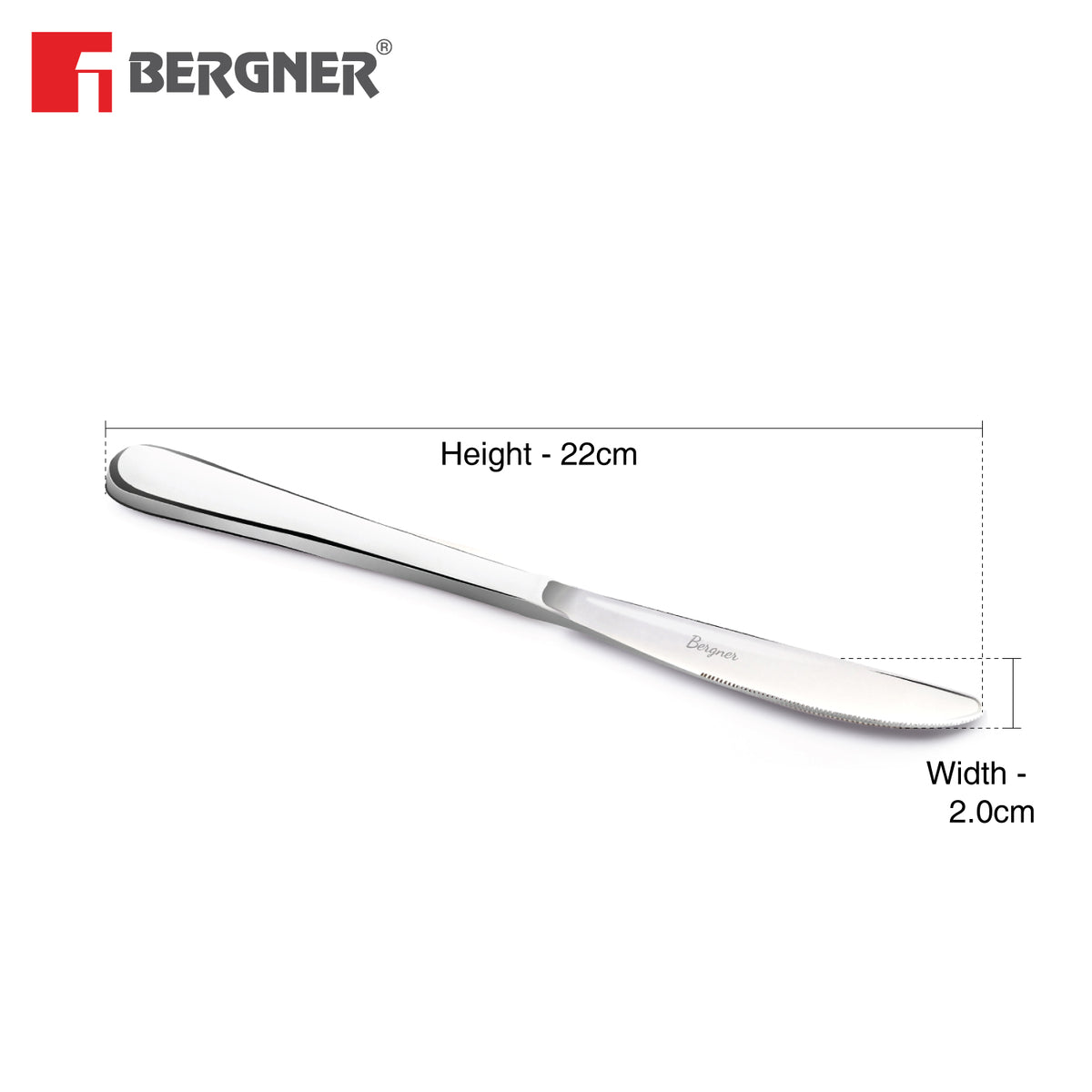 Bergner BE Essentials Baguette Stainless Steel 2 Pcs Dinner Knife Set, 22cm Long Non-Magnetic Premium Butter Spreader, 1.5mm Thickness - Silver