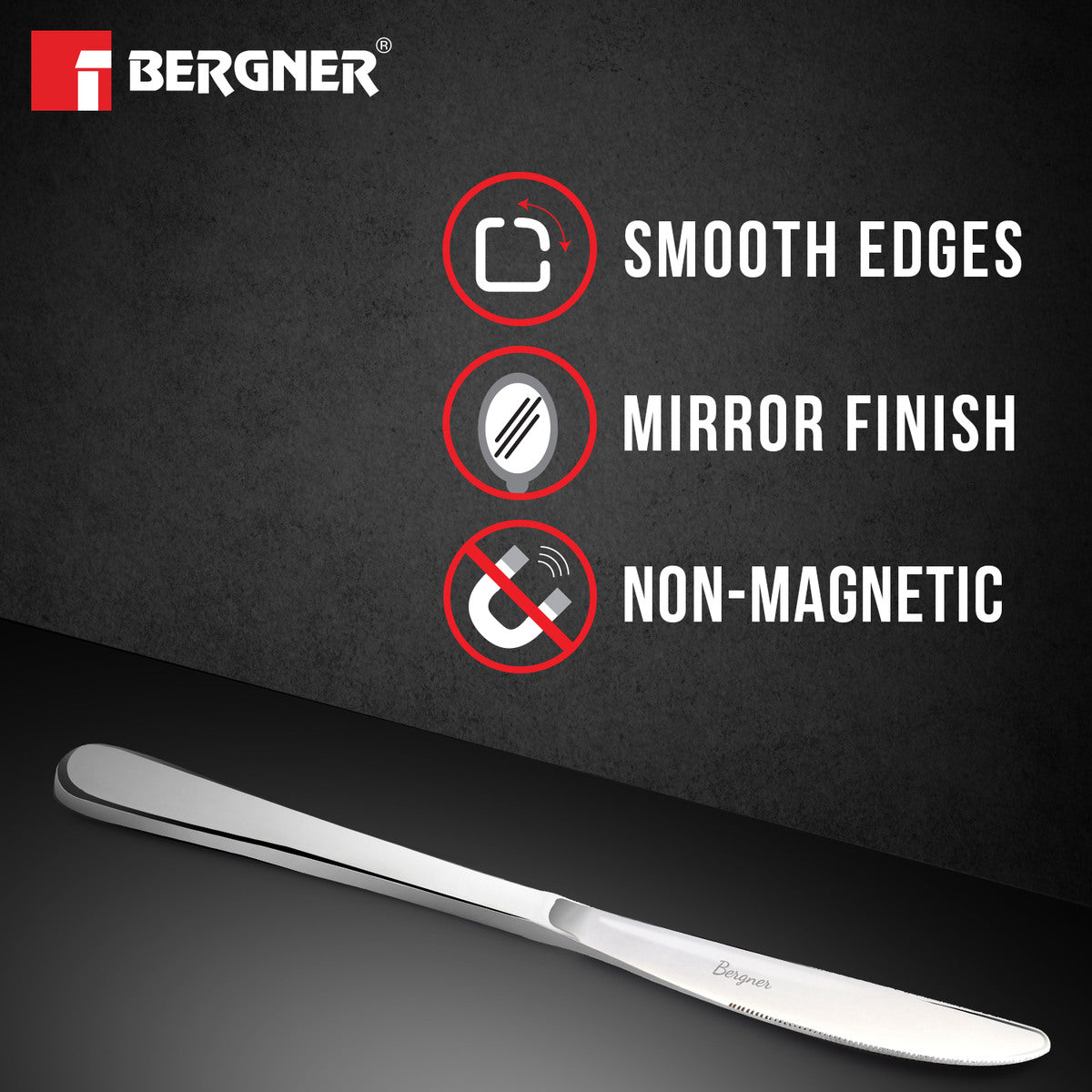 Bergner BE Essentials Baguette Stainless Steel 2 Pcs Dinner Knife Set, 22cm Long Non-Magnetic Premium Butter Spreader, 1.5mm Thickness - Silver