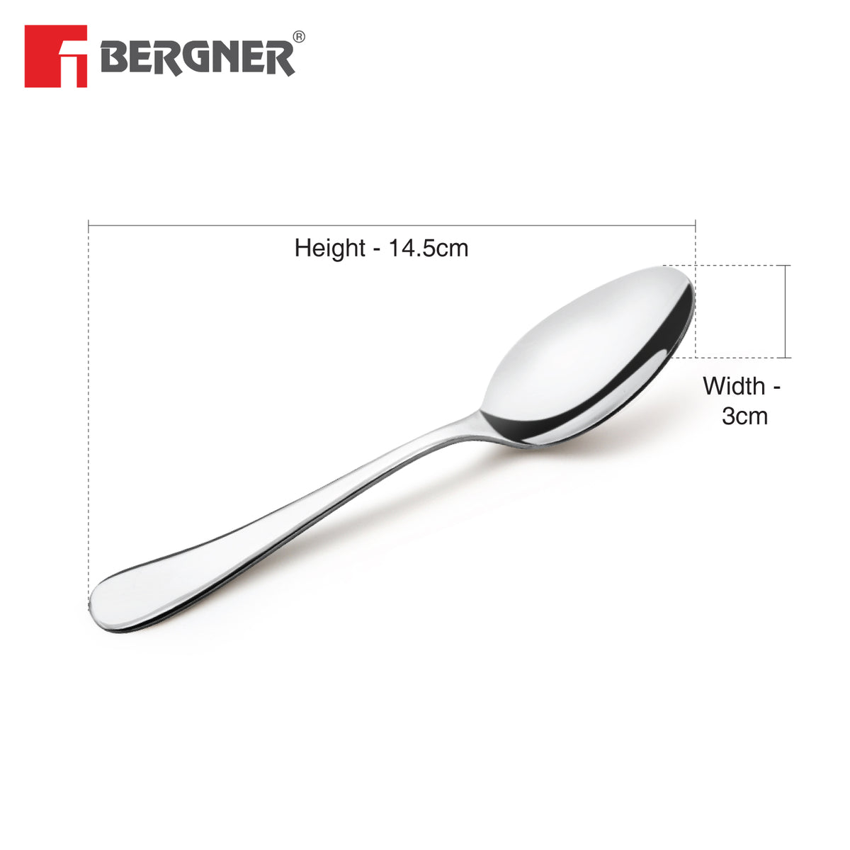 Bergner BE Essentials Baguette Stainless Steel 6 Pcs Tea Spoon Set, 14.5cm Long Non-Magnetic Premium Spoons, 1.5mm Thickness - Silver