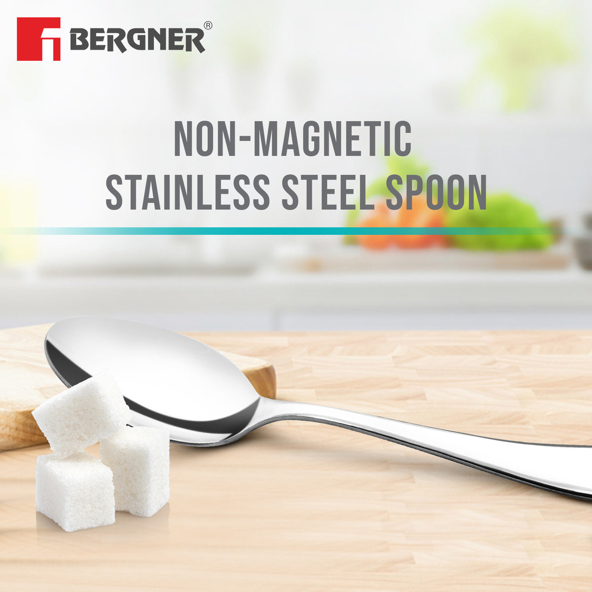 Bergner BE Essentials Baguette Stainless Steel 6 Pcs Tea Spoon Set, 14.5cm Long Non-Magnetic Premium Spoons, 1.5mm Thickness - Silver