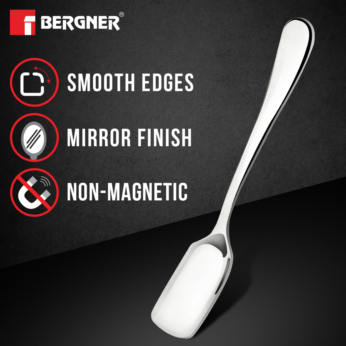 Bergner BE Essentials Baguette Stainless Steel 6 Pcs Icecream Spoon Set, 13cm Long Non-Magnetic Premium Spoons, 2mm Thickness - Silver