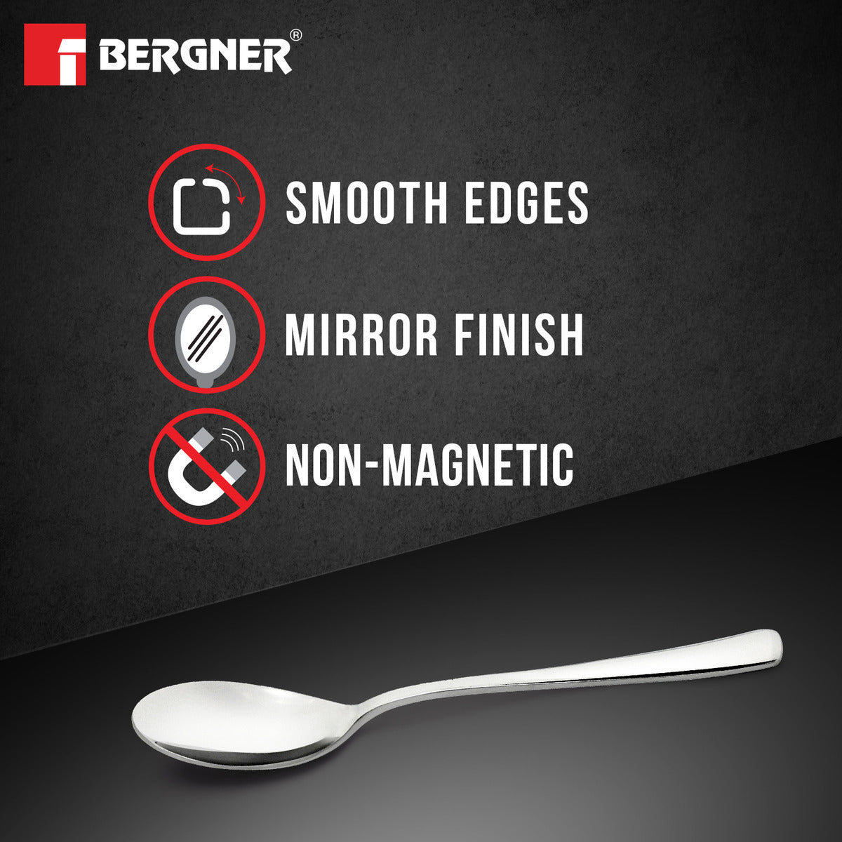 Bergner BE Essentials Lucia Stainless Steel 6 Pcs Dinner Spoon Set, 17.8cm Long Spoon, 3mm Thickness - Silver