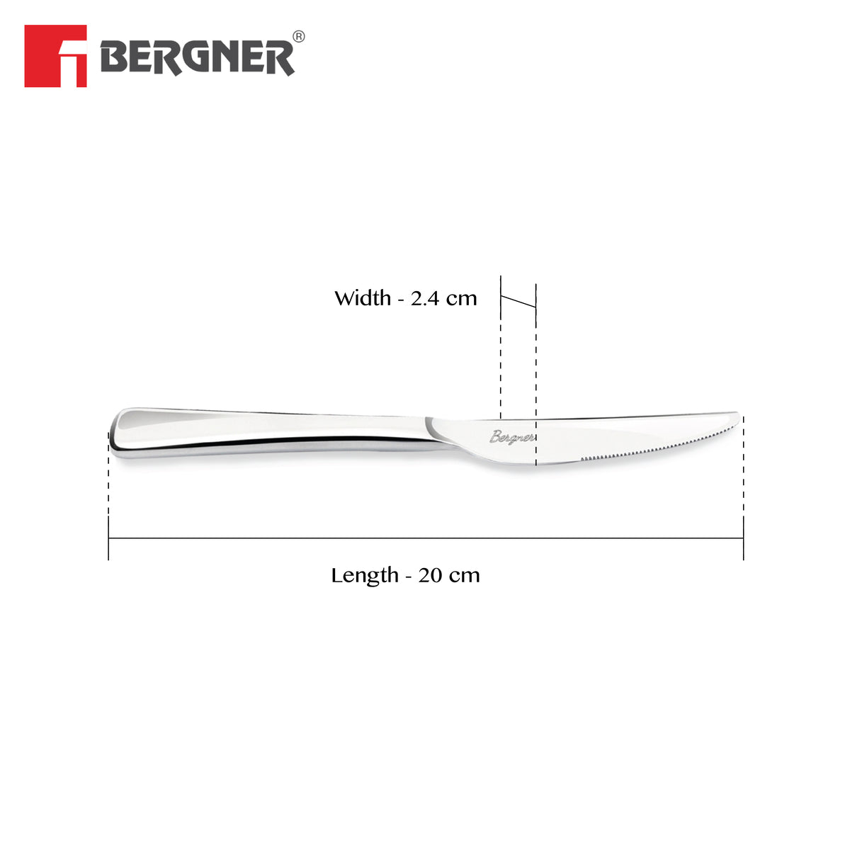 Bergner BE Essentials Lucia Stainless Steel Dinner Knife Set of 2, 20cm Long Butter Spreader, 4.5mm Thickness - Silver