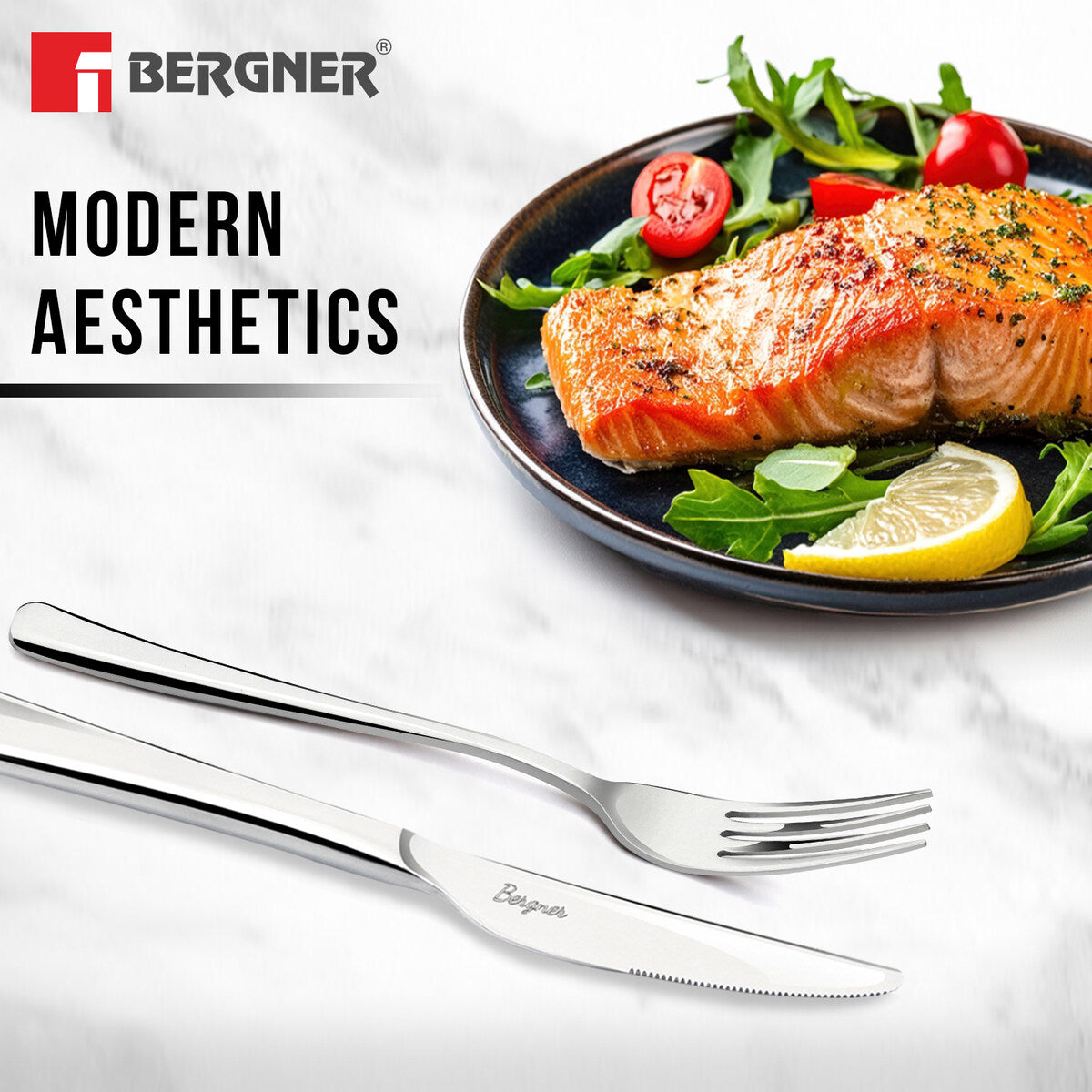 Bergner BE Essentials Lucia Stainless Steel Dinner Knife Set of 2, 20cm Long Butter Spreader, 4.5mm Thickness - Silver