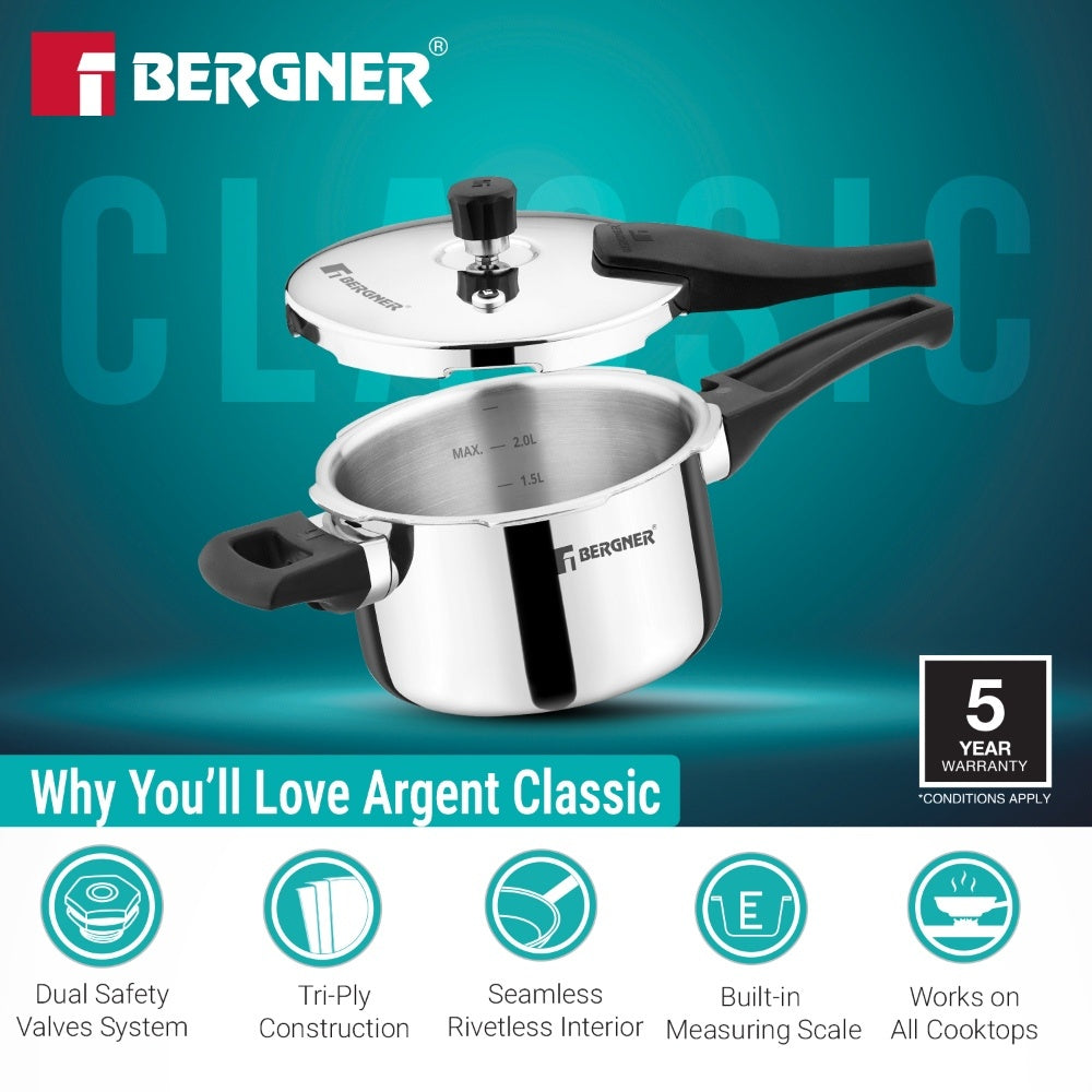 Argent Classic Triply 2.5 L Outer Lid Pressure Cooker - Induction Bottom