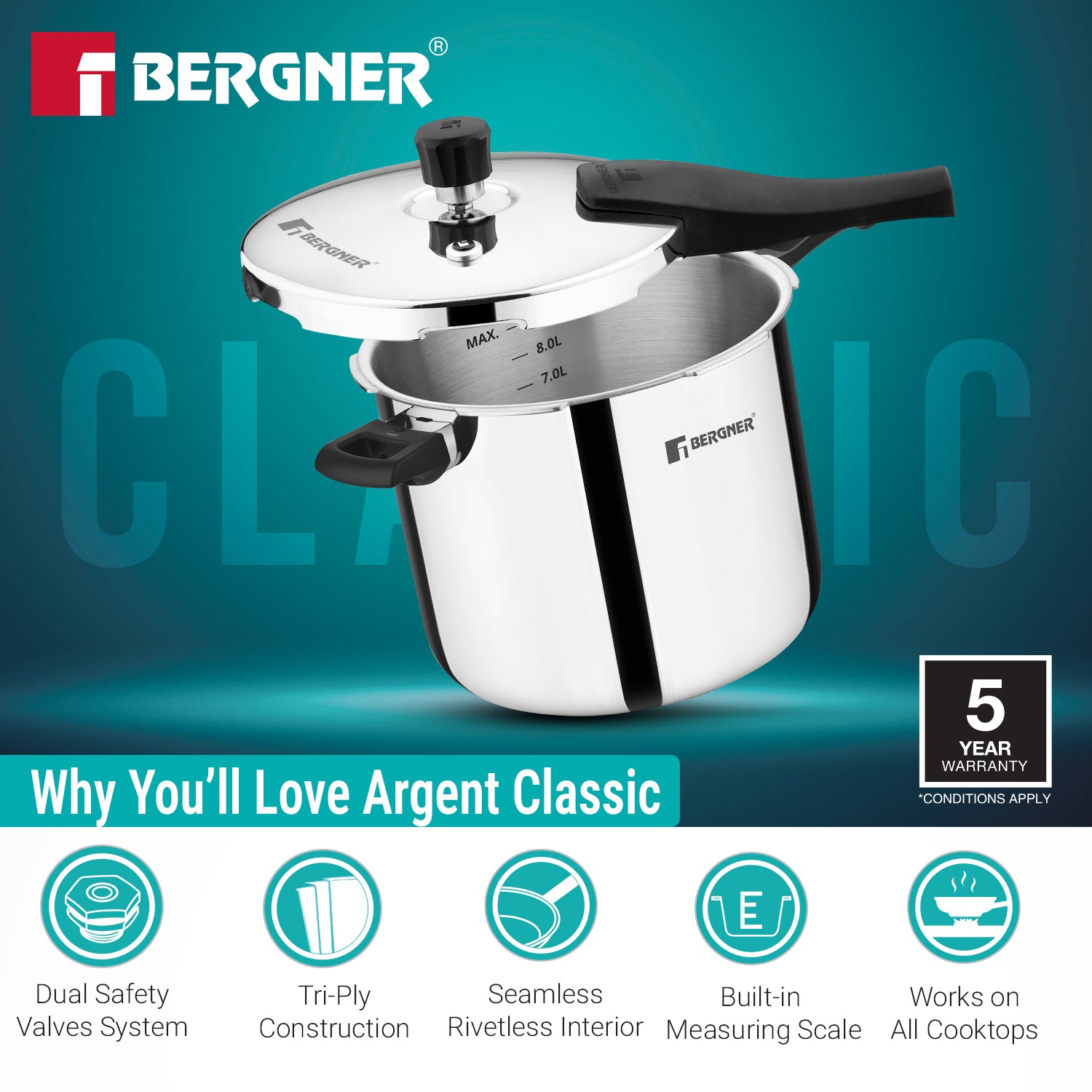 Argent Classic Pressure Cooker 10L Triply