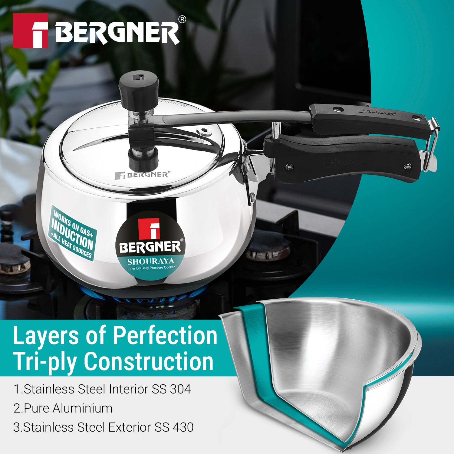 Shouraya TriPly Stainless Steel Inner Lid Belly Pressure Cooker 2.5 L