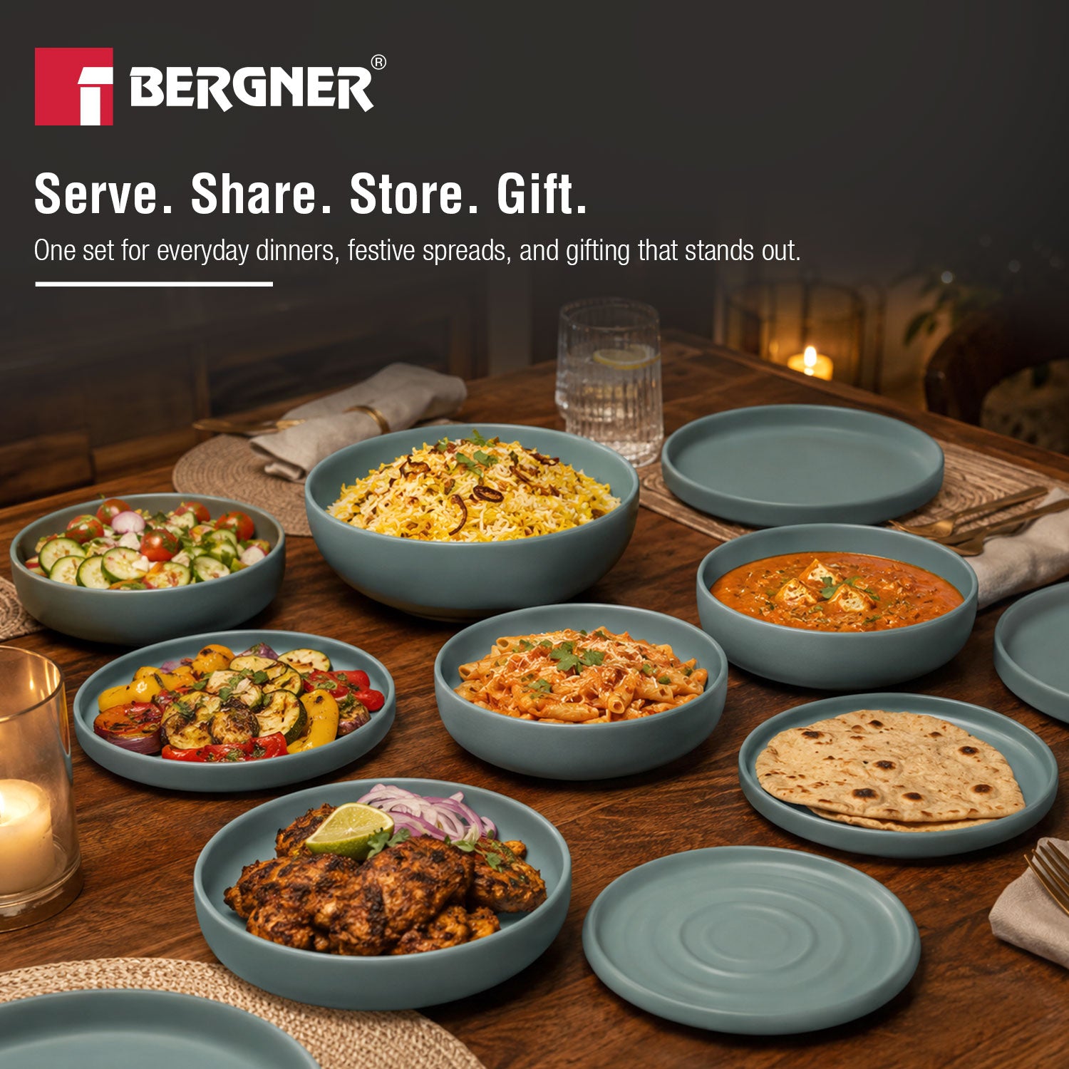 MasterPRO by Bergner Share Play Stoneware 9 Pcs Dinnerware Set - Dusty Blue