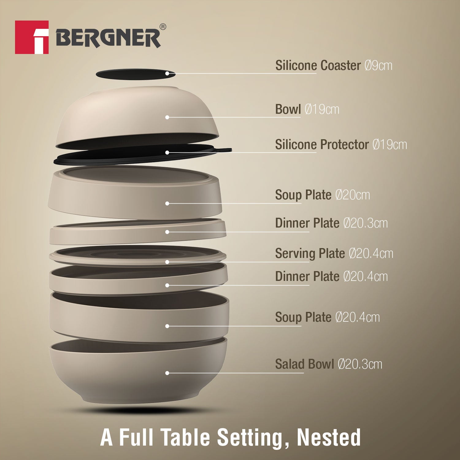 MasterPRO by Bergner Share Play Stoneware 9 Pcs Dinnerware Set - Warm Beige