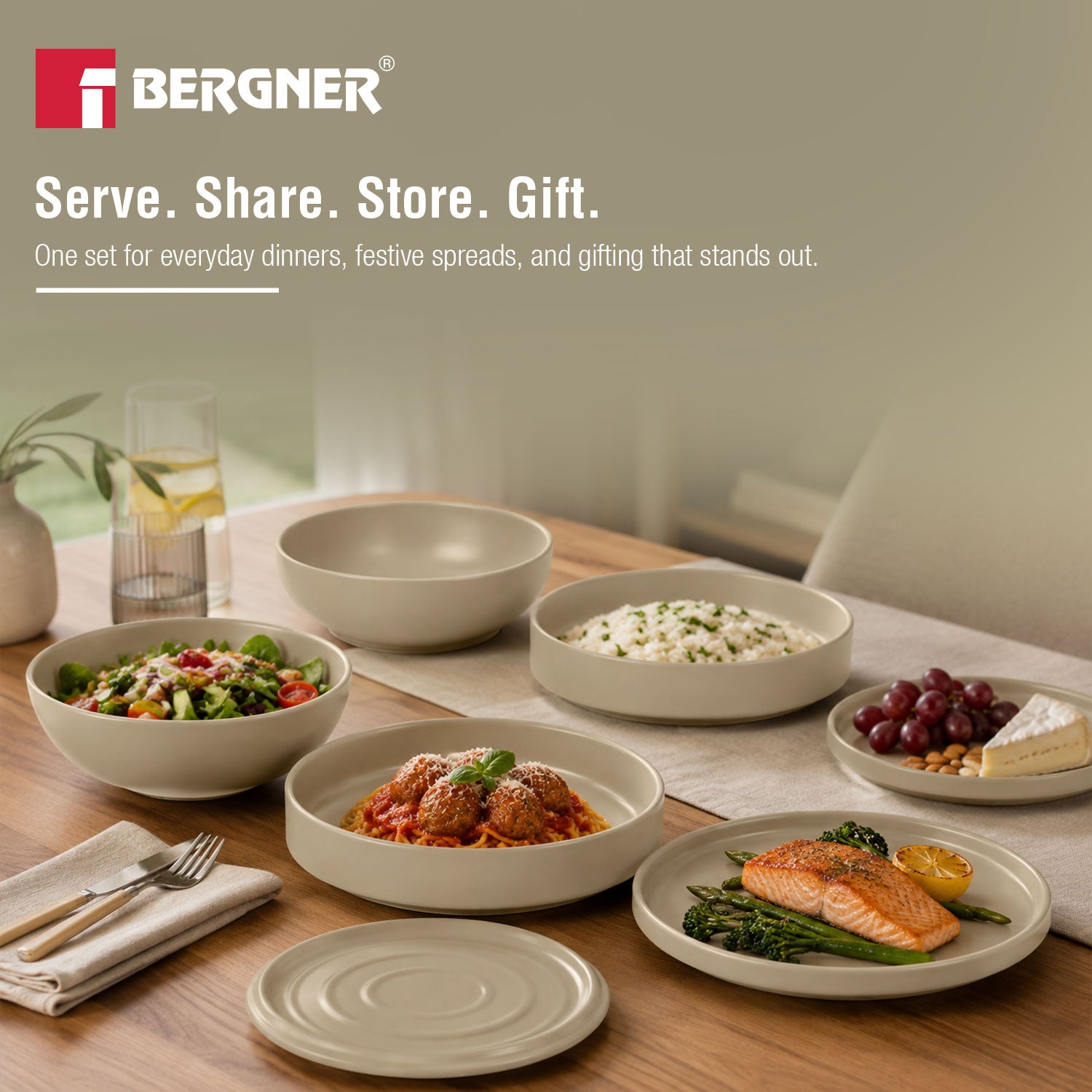 MasterPRO by Bergner Share Play Stoneware 9 Pcs Dinnerware Set - Warm Beige