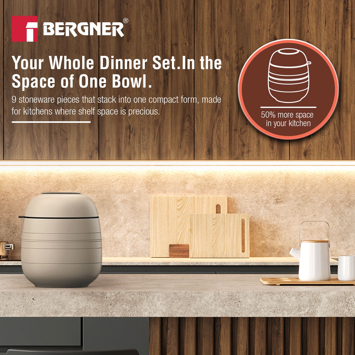 MasterPRO by Bergner Share Play Stoneware 9 Pcs Dinnerware Set - Warm Beige