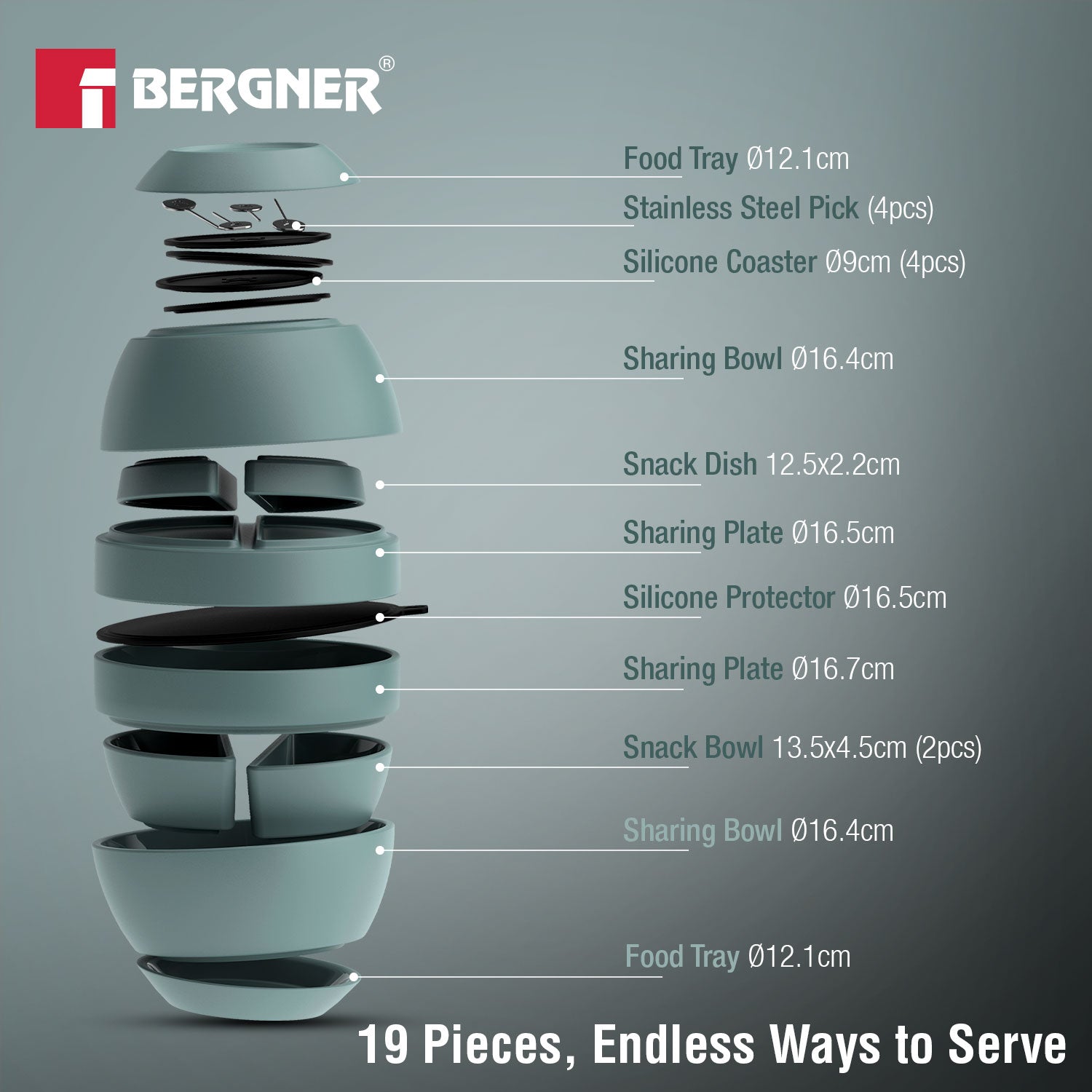 MasterPRO by Bergner Share Play Stoneware 19 Pcs Snackware Set - Dusty Blue