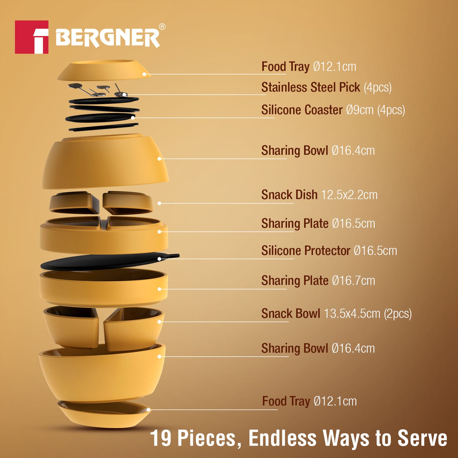 MasterPRO by Bergner Share Play Stoneware 19 Pcs Snackware Set - Mustard Yellow