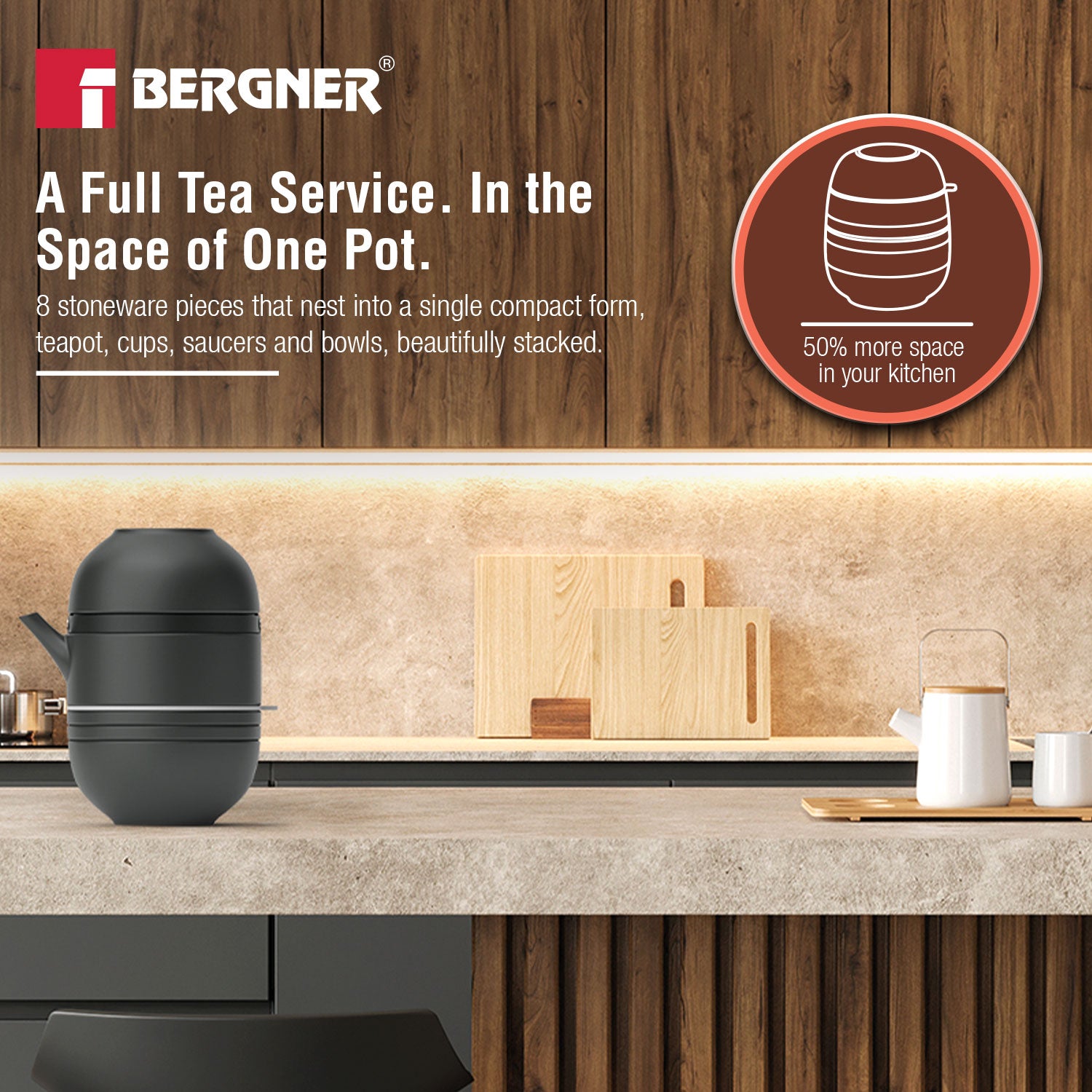 MasterPRO by Bergner Share Play Stoneware 8 Pcs Teaware Set - Matte Black