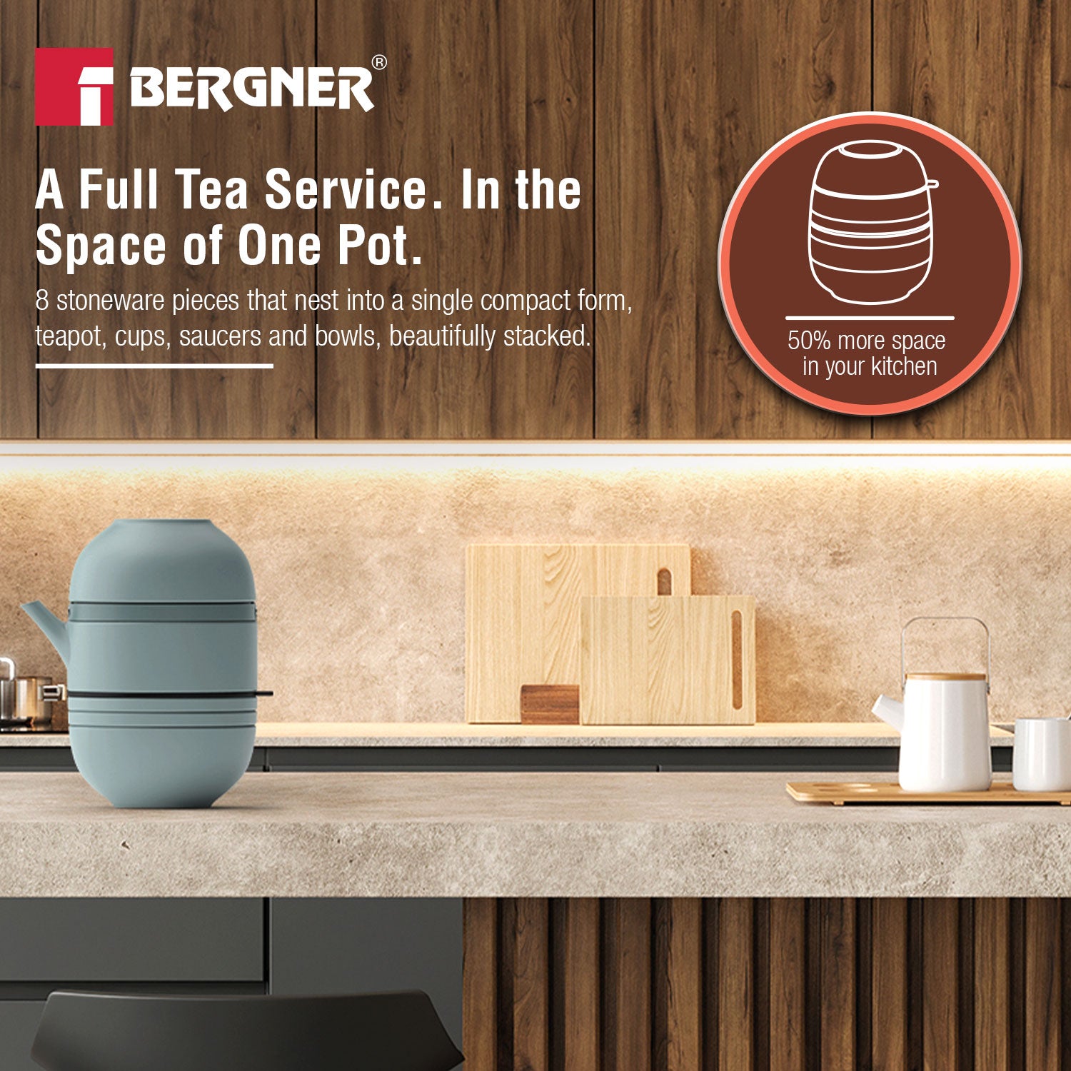 MasterPRO by Bergner Share Play Stoneware 8 Pcs Teaware Set - Dusty Blue