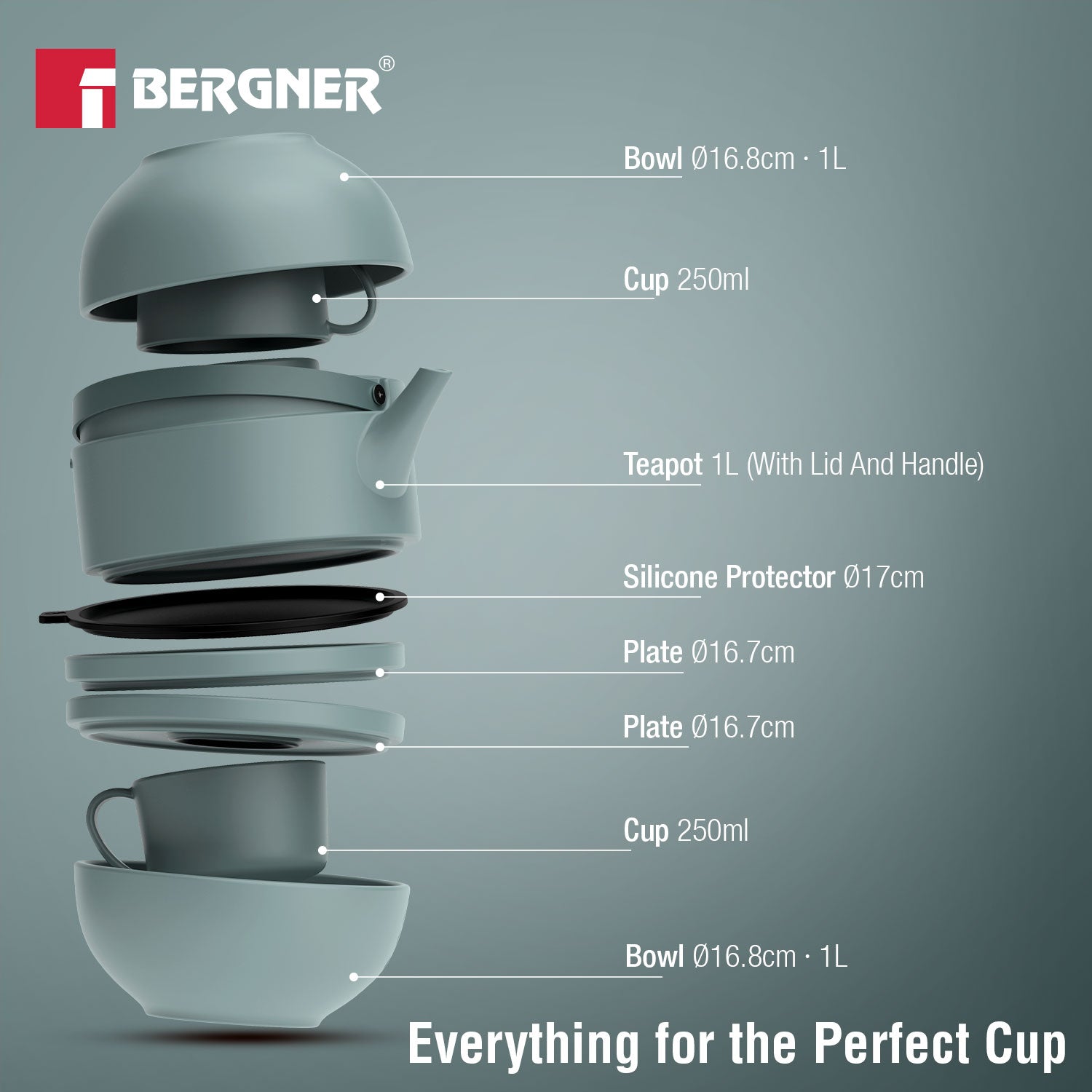 MasterPRO by Bergner Share Play Stoneware 8 Pcs Teaware Set - Dusty Blue
