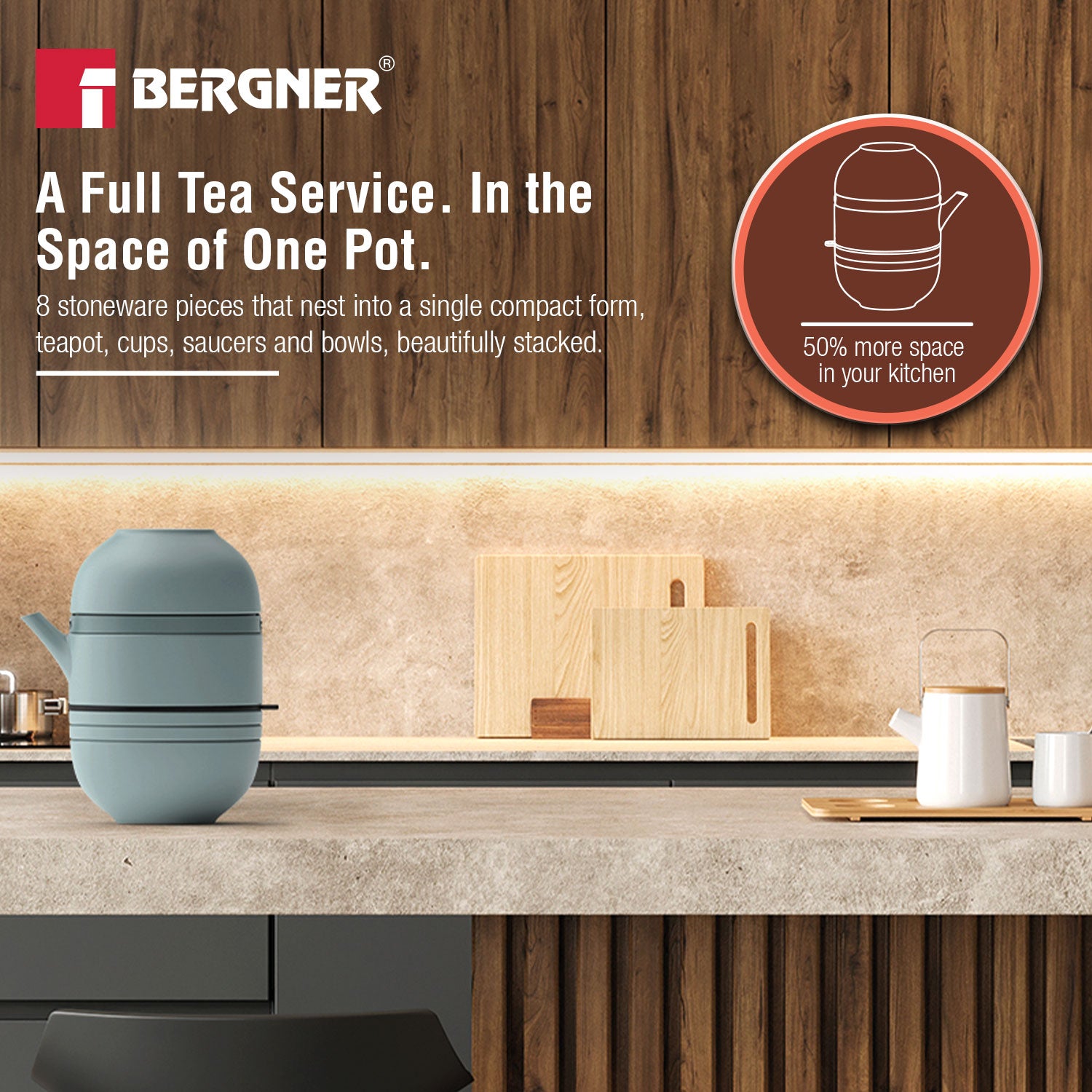 MasterPRO by Bergner Share Play Stoneware 8 Pcs Teaware Set - Dusty Blue