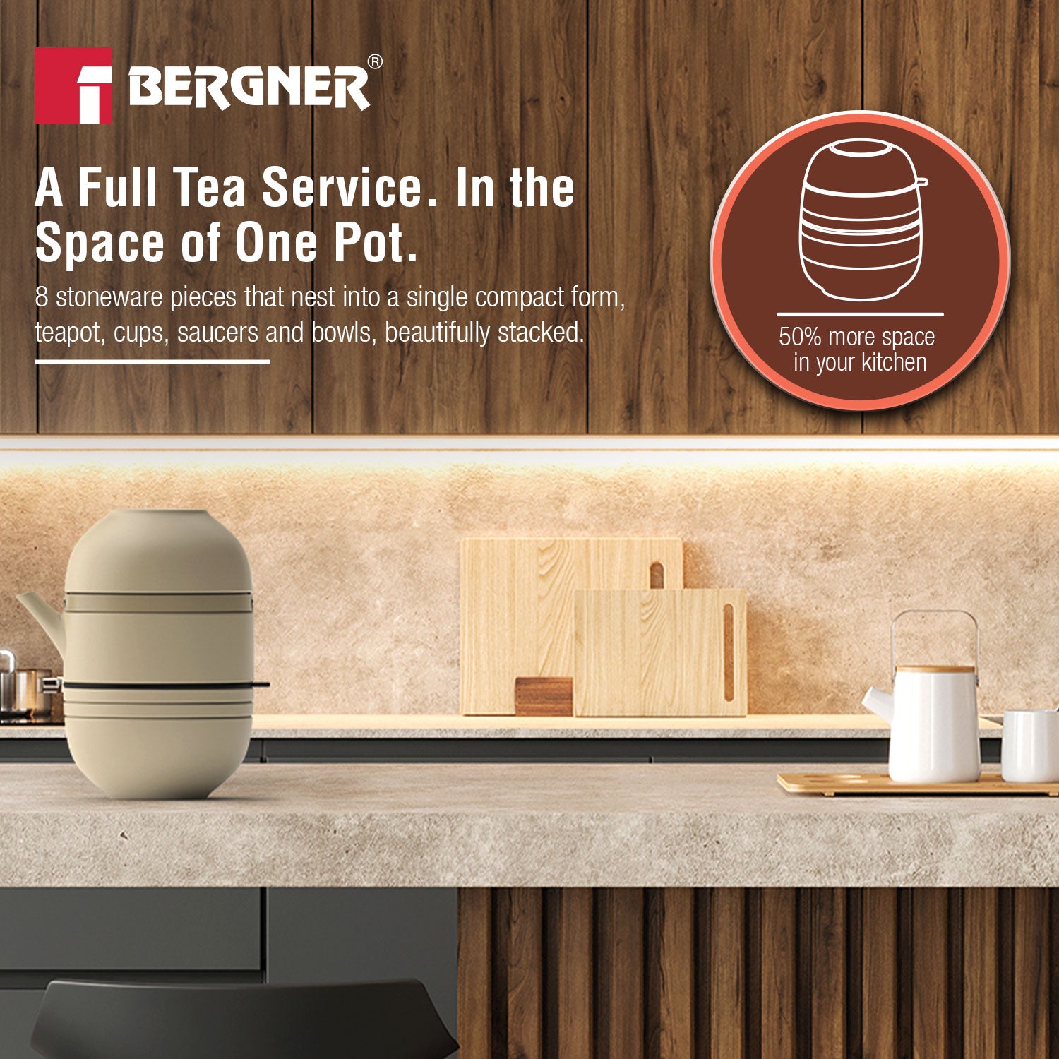 MasterPRO by Bergner Share Play Stoneware 8 Pcs Teaware Set - Warm Beige
