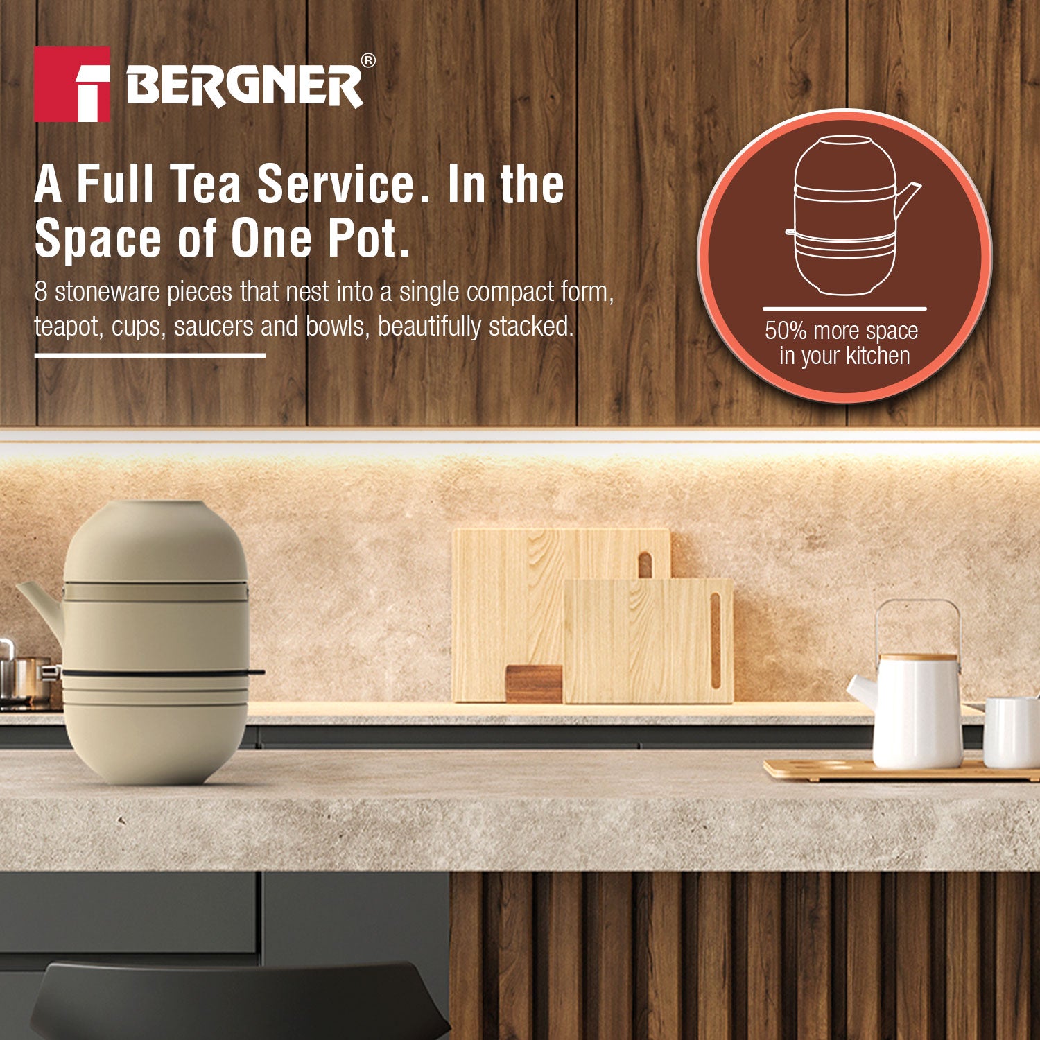 MasterPRO by Bergner Share Play Stoneware 8 Pcs Teaware Set - Warm Beige