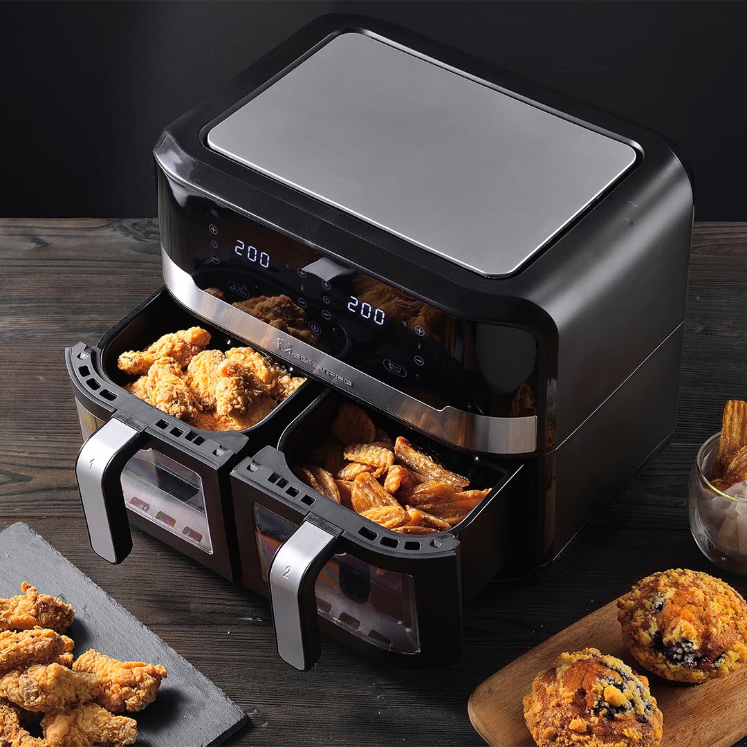 Bergner MasterPro Air Fryer 9 Liters (2400 Watts) with Dual Transparent Non-Stick Bucket, 360 Degree Airflow Technology, Multi Mode Touch Screen with Custom Programs