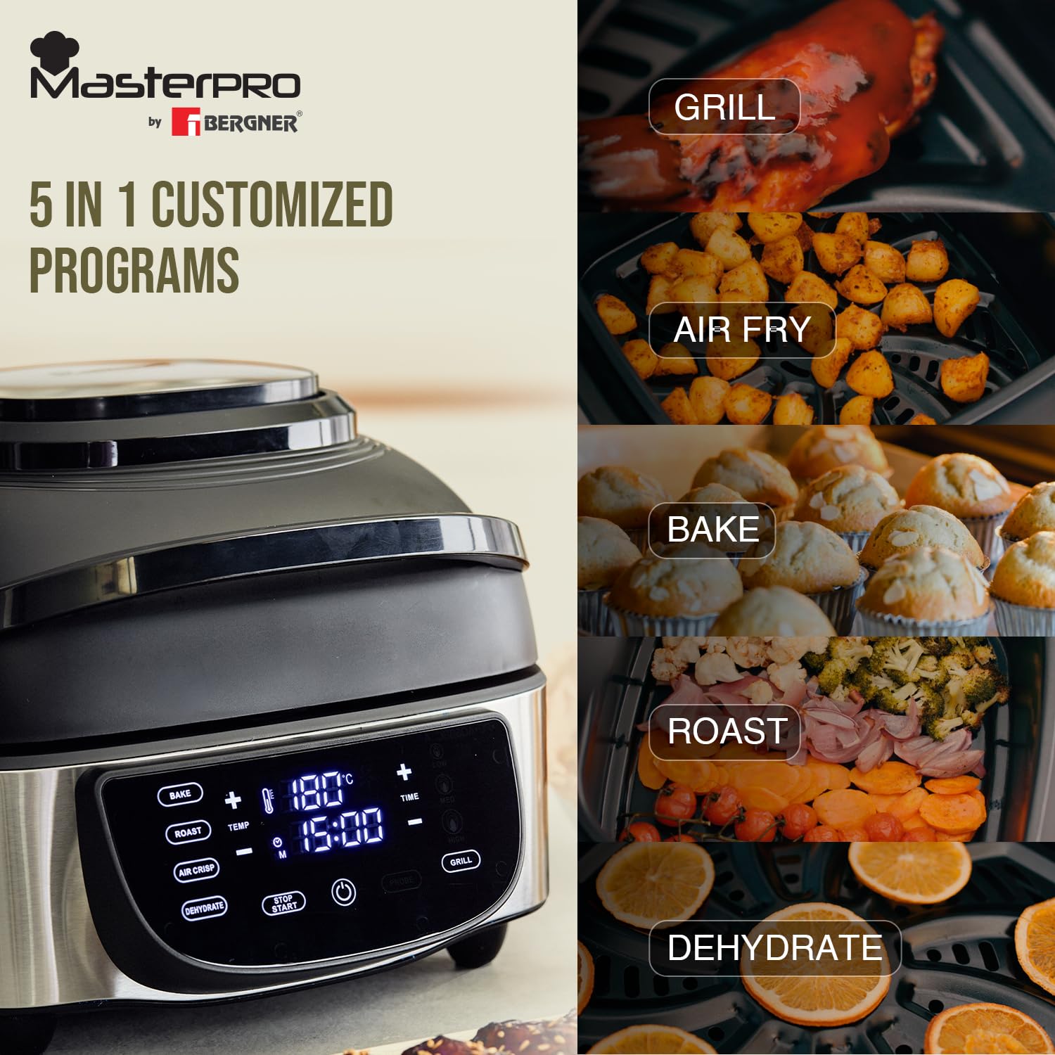 Bergner MasterPro Smokeless Grill 7Liters (1800W), 3 Grill Settings with max Temperature 250 Degree Celcius, 5 in 1 Functionality, Digital Touch Panel, For Air Fry/Bake/Grill/Roast/ Dehydrate