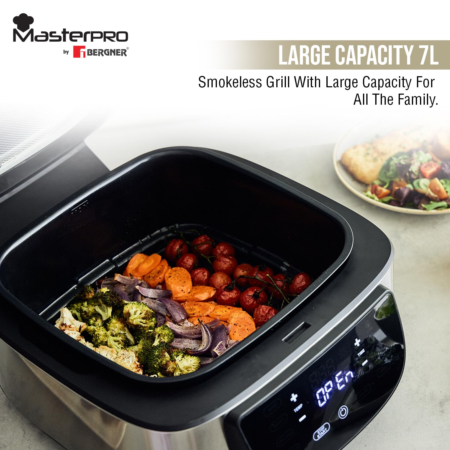 Bergner MasterPro Smokeless Grill 7Liters (1800W), 3 Grill Settings with max Temperature 250 Degree Celcius, 5 in 1 Functionality, Digital Touch Panel, For Air Fry/Bake/Grill/Roast/ Dehydrate