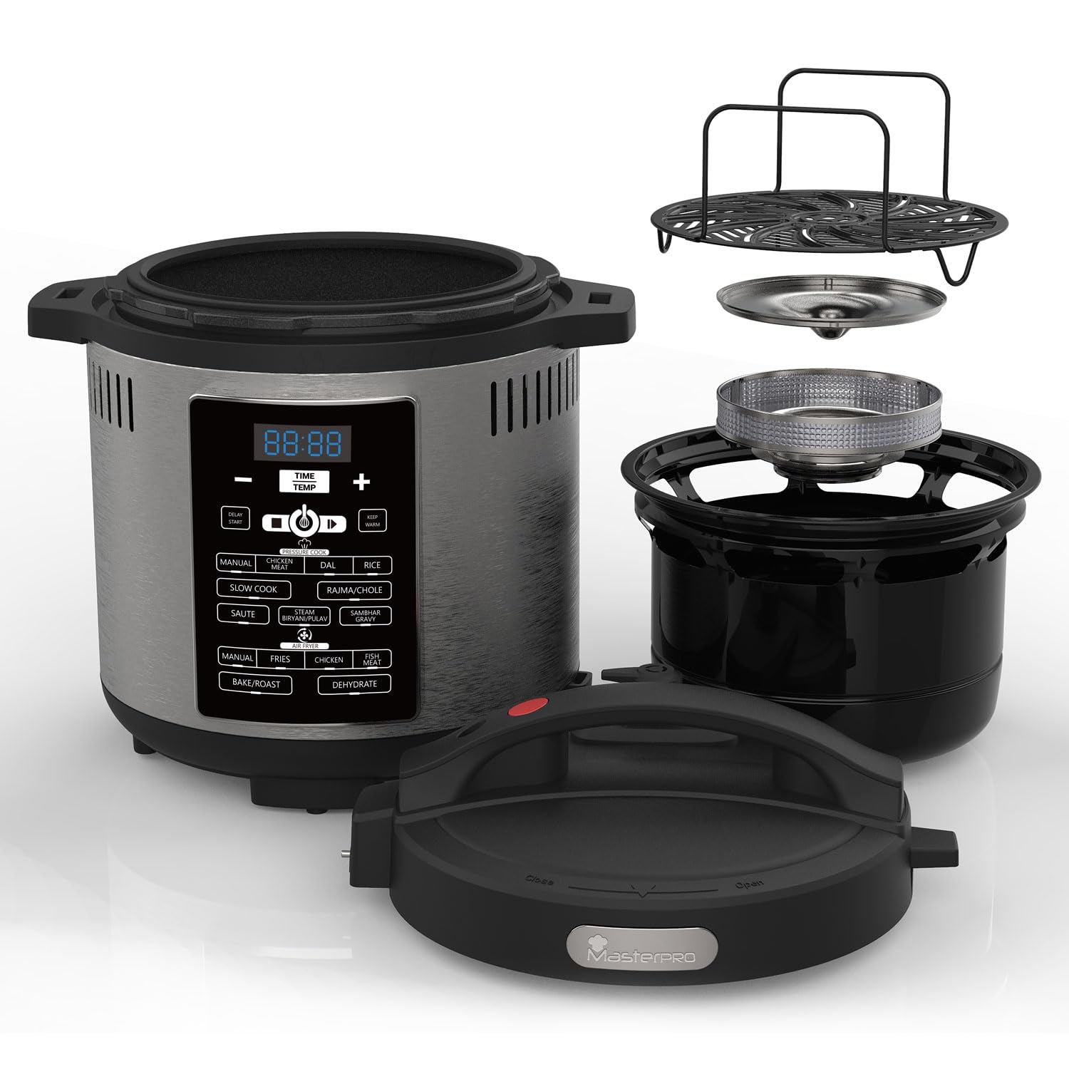 Bergner MasterPro Frycook, 1500W, 6L Pressure Cooker+Air Fryer, Easy to Set Cook Time, Temperature and Pressure Level, Detachable LID and Filer, 12-Level Safety System, 24 Hours Set Up Preset Function