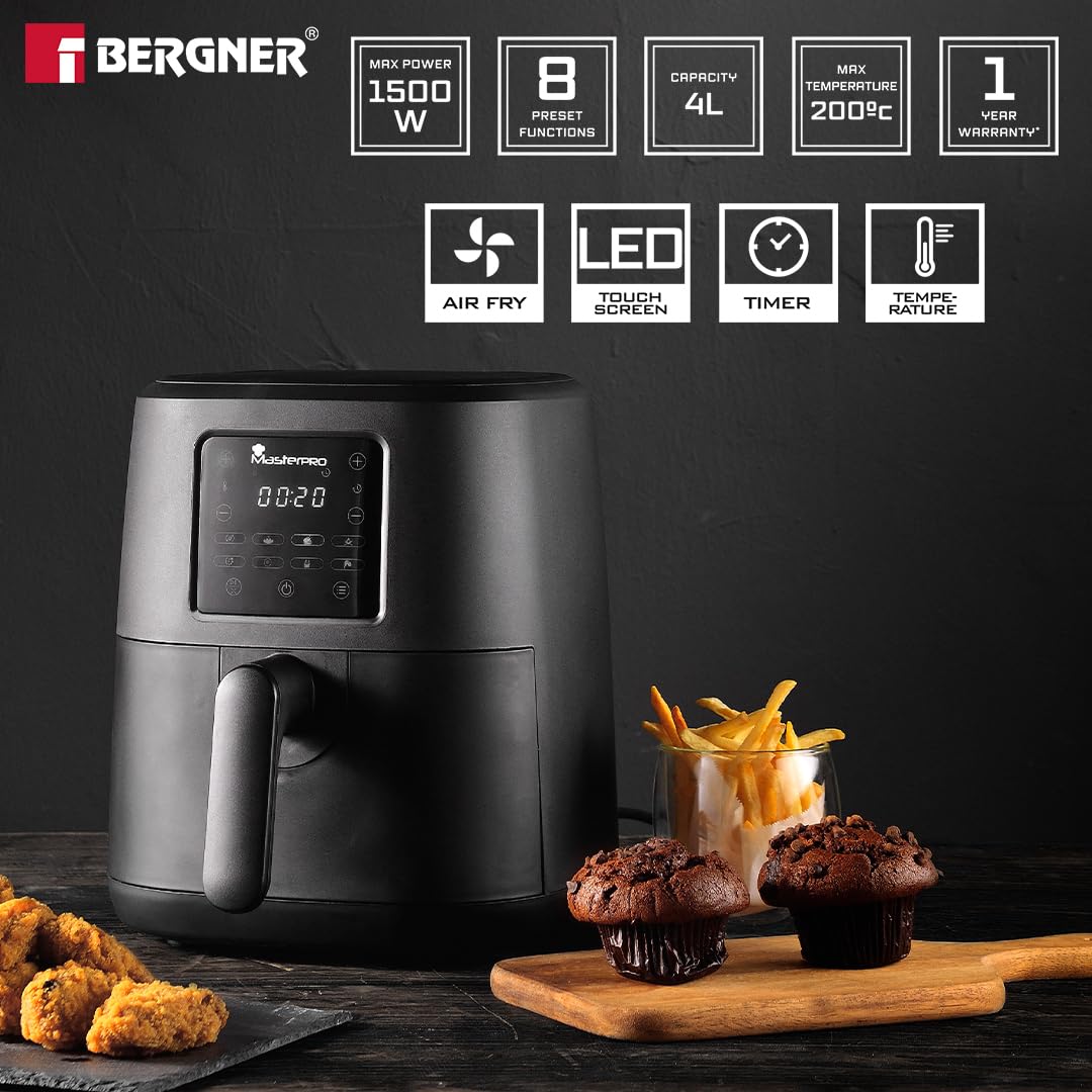 Bergner MasterPro Air Fryer with 1500 Watts, 4 Liters, Air Fryer for Home to Bake/Grill/Roast/Heating/Defrost, 360 Degree Airflow Technology, 8 Preset Cooking Menu, Basket With Nonstick Coating