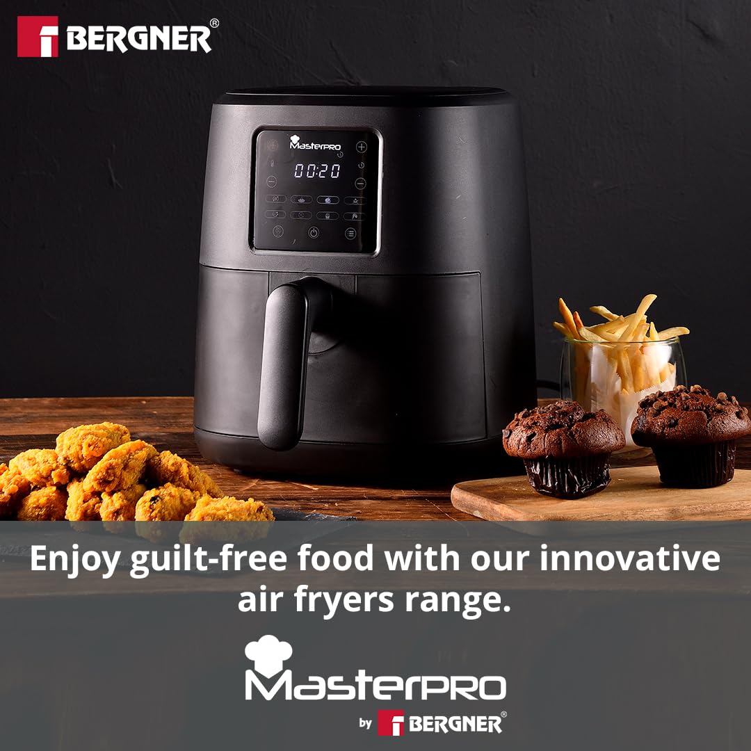 Bergner MasterPro Air Fryer with 1500 Watts, 4 Liters, Air Fryer for Home to Bake/Grill/Roast/Heating/Defrost, 360 Degree Airflow Technology, 8 Preset Cooking Menu, Basket With Nonstick Coating