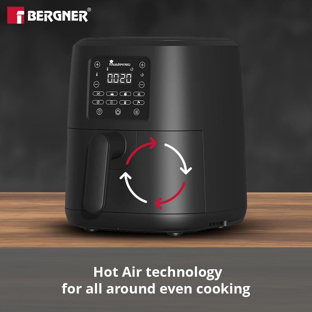 Bergner MasterPro Air Fryer with 1500 Watts, 4 Liters, Air Fryer for Home to Bake/Grill/Roast/Heating/Defrost, 360 Degree Airflow Technology, 8 Preset Cooking Menu, Basket With Nonstick Coating