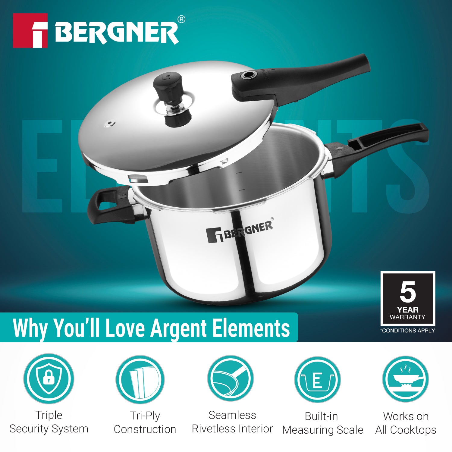Argent Elements Triply Stainless Steel 3.5 L Outer Lid Pressure Cooker