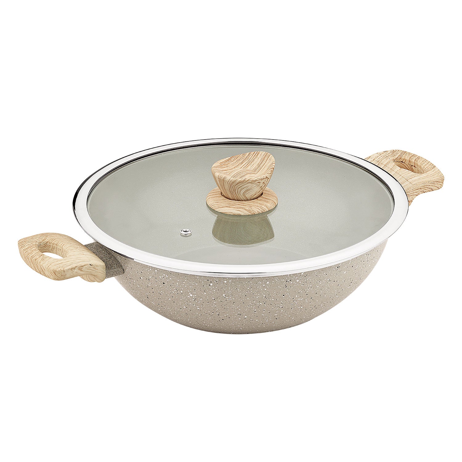 Bergner Naturally Ceramic Forged Aluminium 28cm (4.3 Liters) Kadai with Glass Lid, Less Oil Use - Induction Bottom