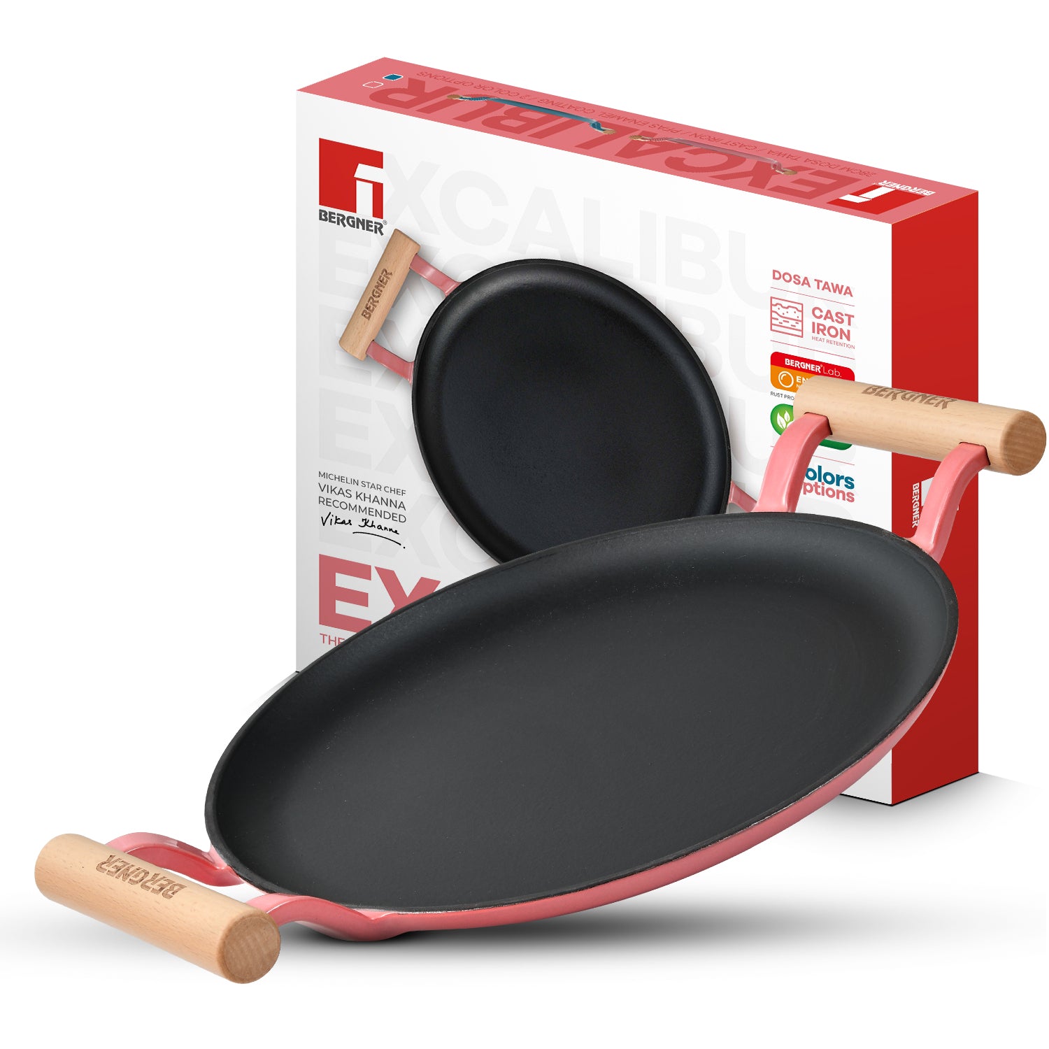 Excalibur Light Cast Iron Dosa Tawa 28cm with Double Sided Handle -  Pink