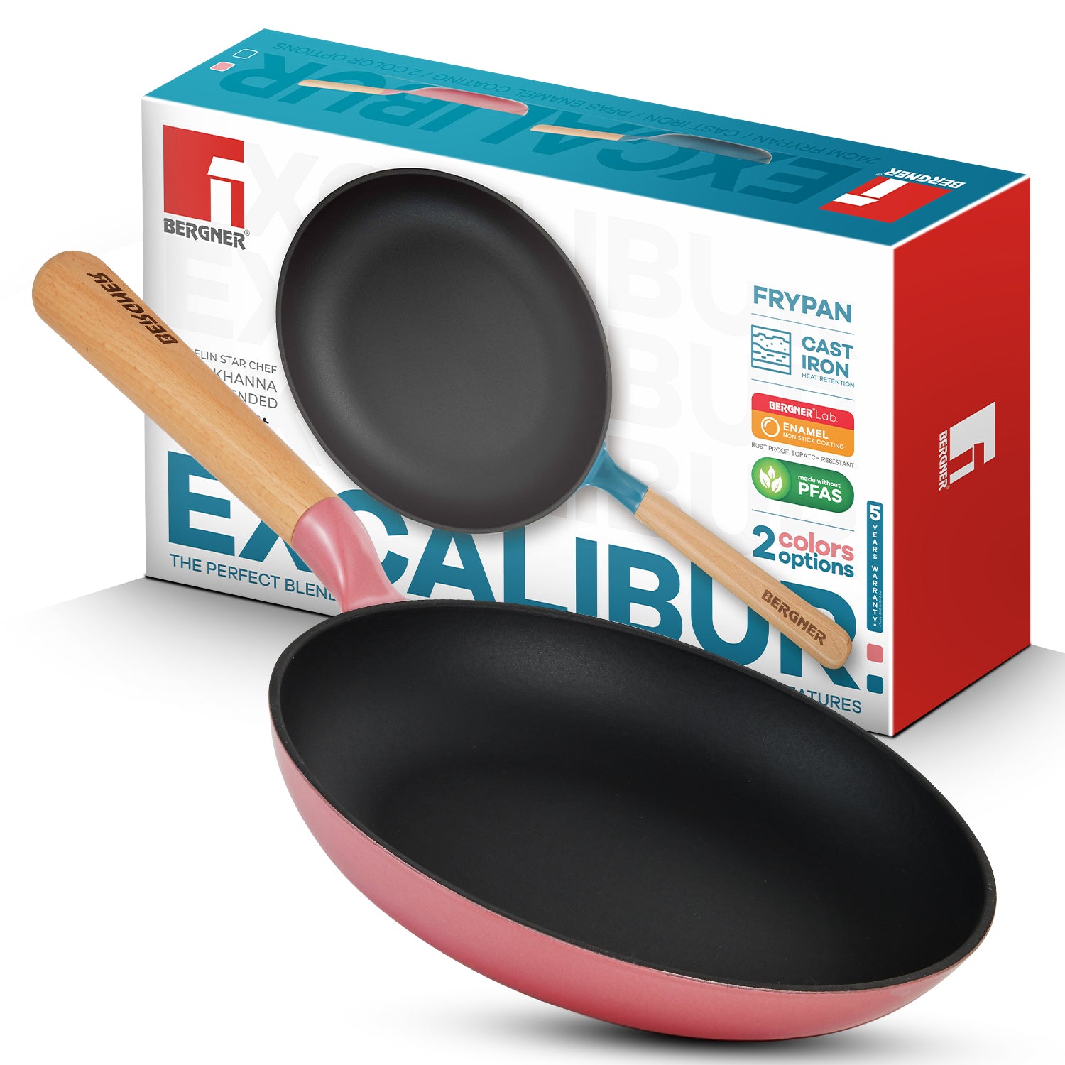Excalibur Light Cast Iron Frypan 24cm - Induction Bottom, Pink