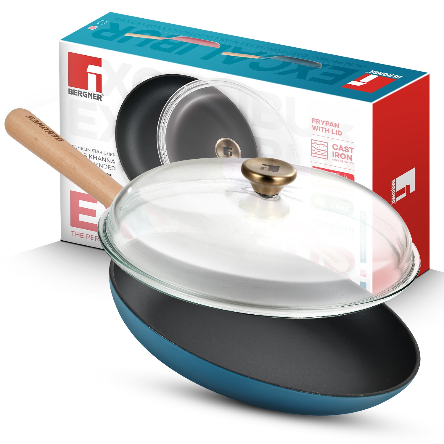 Excalibur Light Cast Iron Frypan with Lid 28cm - Induction Bottom, Blue
