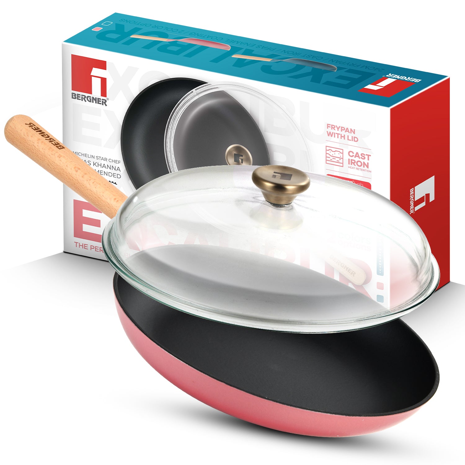 Excalibur Light Cast Iron Frypan with Lid 28cm - Induction Bottom, Pink